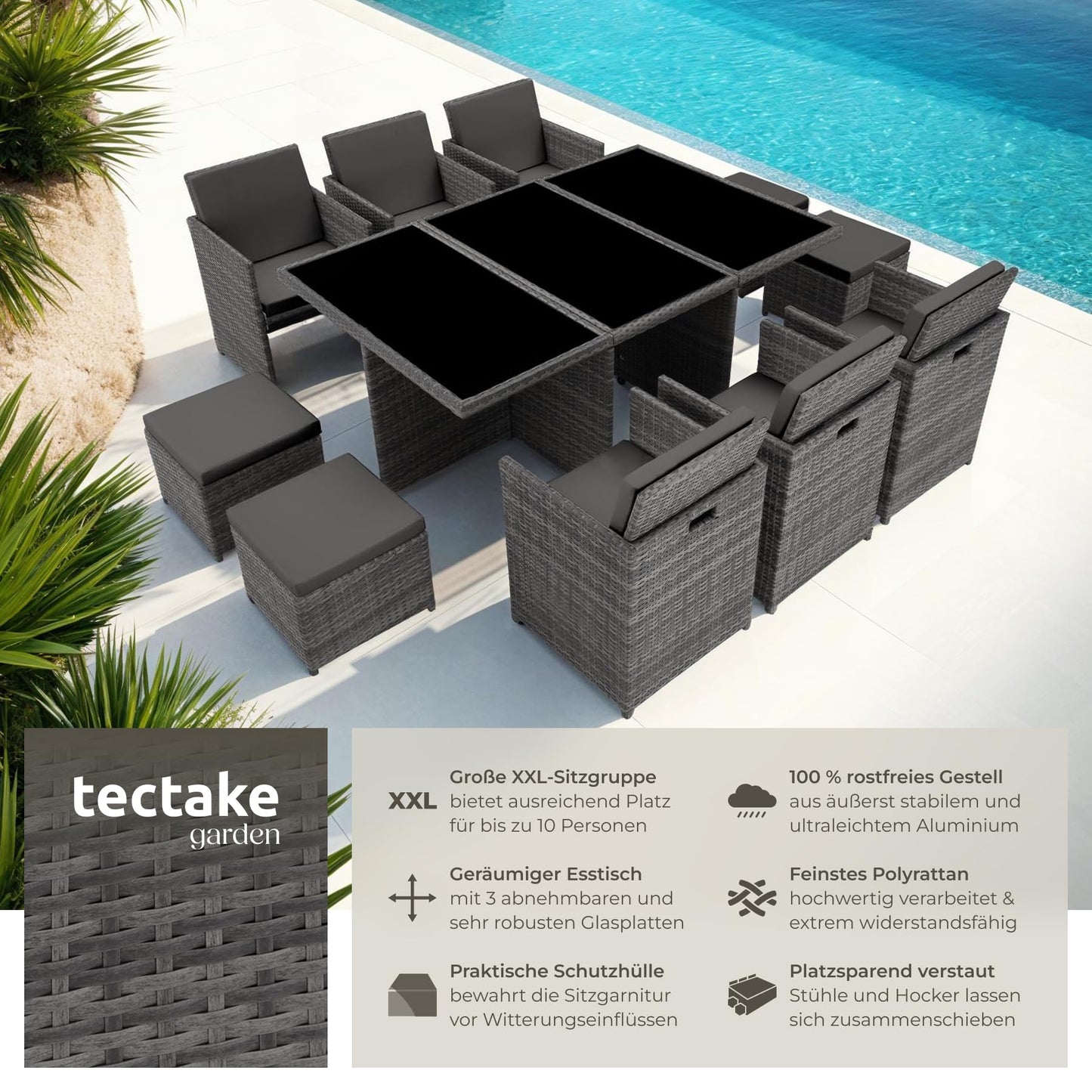 tectake Polyrattan Gartenmöbel Set, Sitzgruppe mit 6 Stühle +1 Glasplatte Tisch + 4 Hocker, Gartenlounge Set klappbar, für bis zu 10 Personen, Balkon Möbel, inkl. 2 Bezugsset - Natur