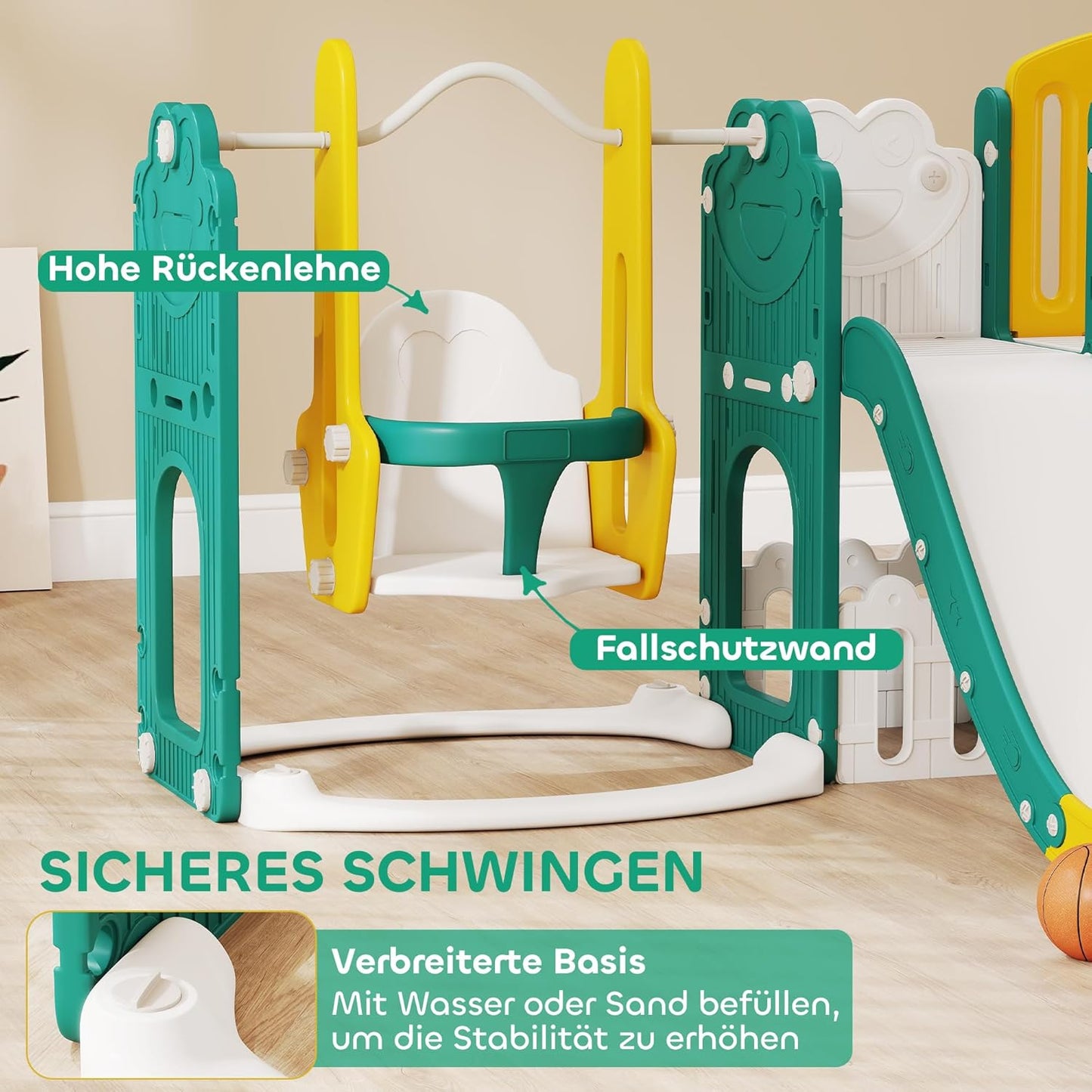 AIRPLAY Kinder Rutsche 9 in 1 Kleinkind Rutsche mit Basketballkorb, 2 Rutsche, Klettergerüst, Schaukel, Tunnel, Fernrohr, Reißbrett, Froschmotiv und Aufbewahrungsbox usw. Indoor Outdoor für 1-3 Jahre