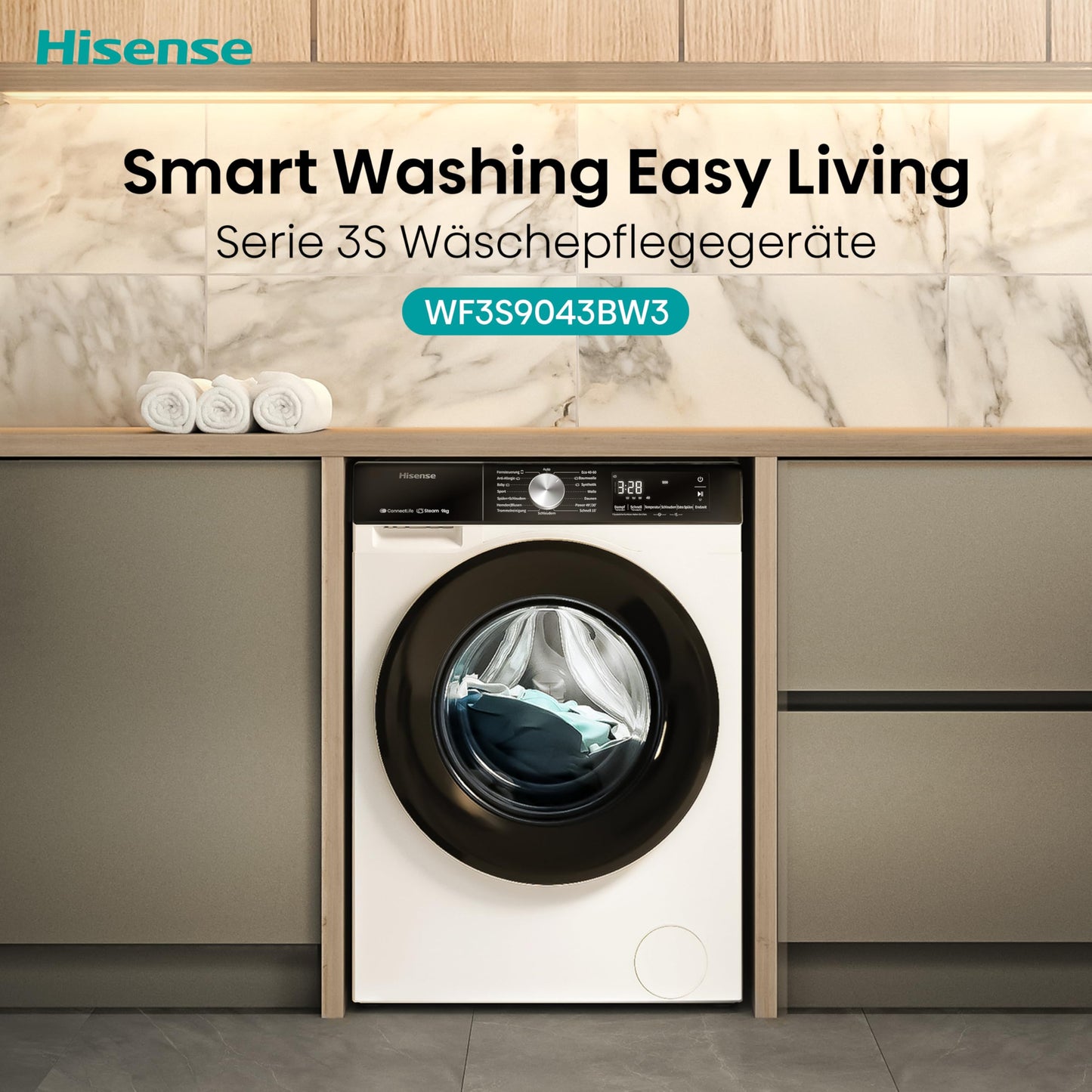 Hisense WF3S8043BB3 Waschmachine mit Dampffunkunktion, 8 kg, 1400 U,min, WIFI, ConnectLife, Power JetWash, Anti-Allergie Programm, Aqua Stop, Auto Wash, Quick Wash, EEK A-30 Prozent
