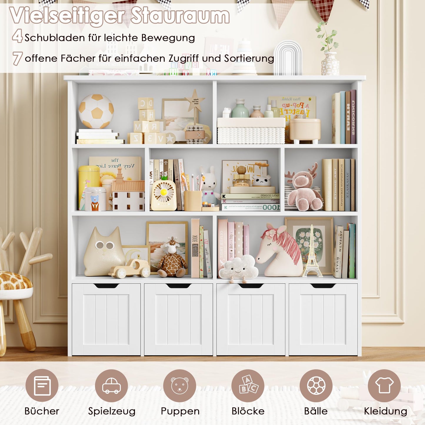 FOREHILL Children's Shelf with Boxes on Wheels, Children's Bookcase with 4 Levels, Children's Room Furniture, Toy Regulator, Storage Shelf, Bookcase for Children, Children's Cabinet, Shelf, White,