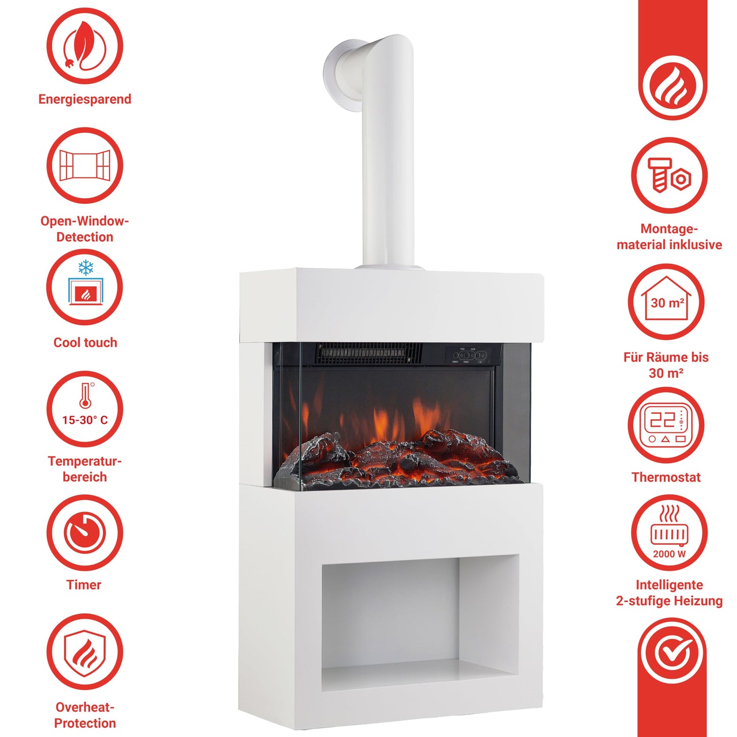 KAMINIO Henri Electric Fireplace with Stove Pipe - Electric Stove with Heater, 3D Flame Effect, Wooden Compartment, Remote Control (White)