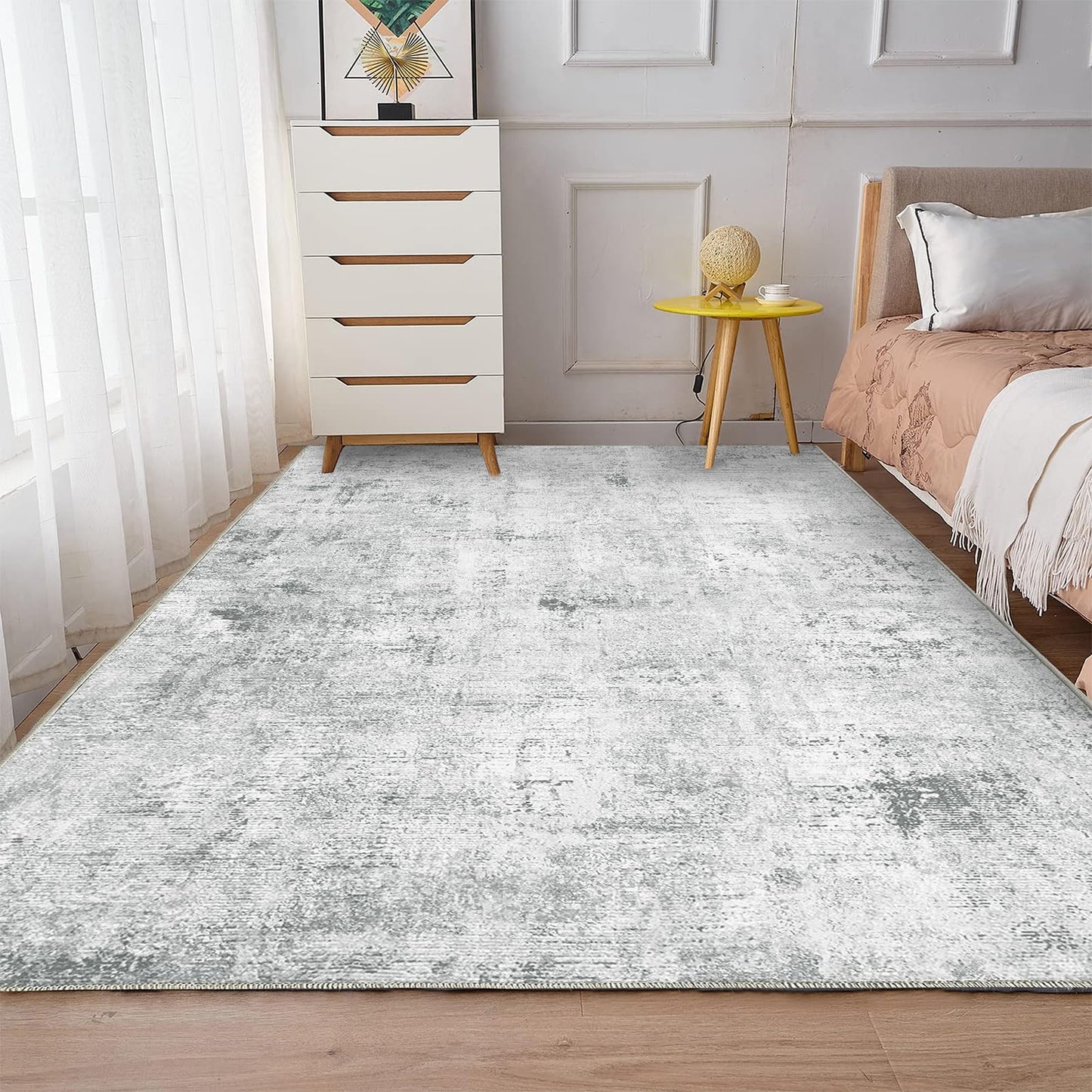 Guchuang Bedding Living Room Rug 140 x 200 cm, Grey Green Rug Vintage Mottled Smudged Design Short Pile Rugs, Washable Non-Slip Rugs for Bedroom