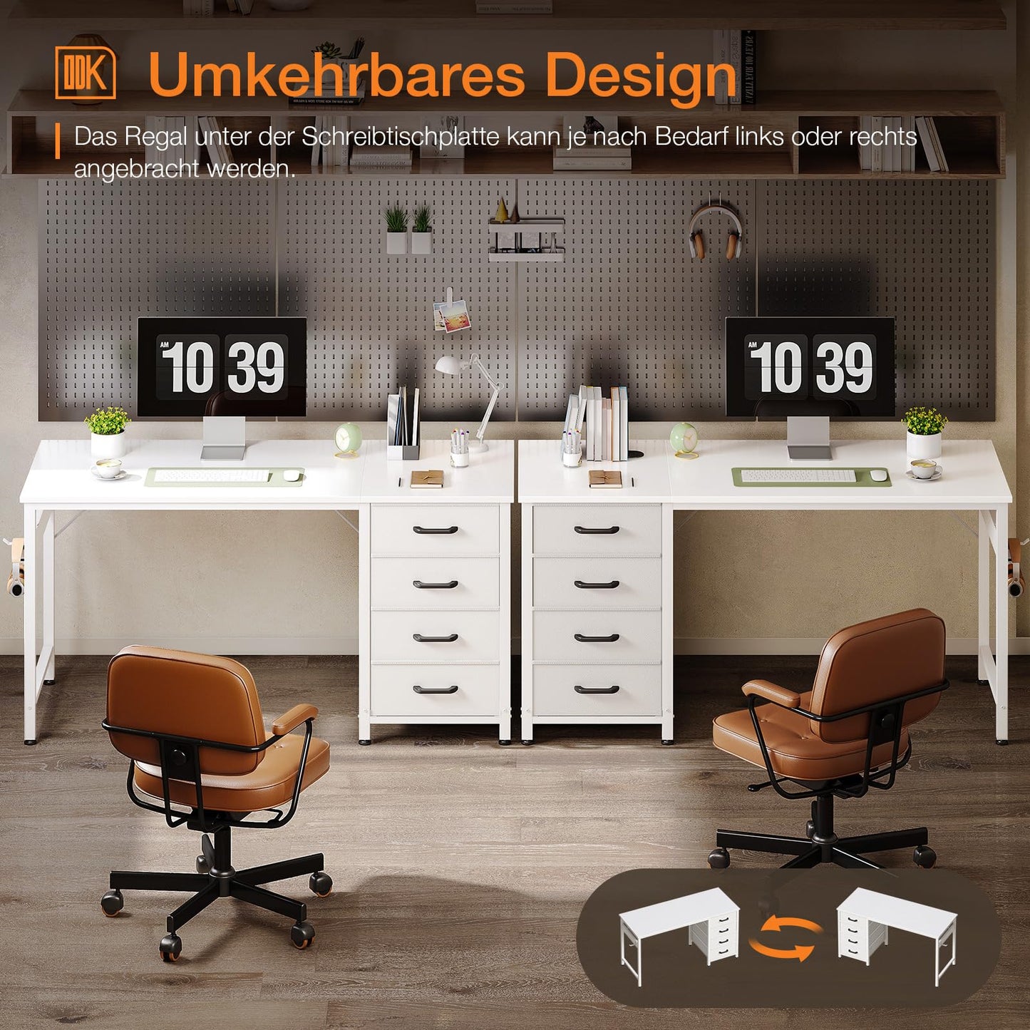 ODK Desk with 4 Drawers, 120 x 48 x 75.7 cm, Computer Desk with Headphone Holder, PC Table, Reversible Office Table, Wood for Home Office, White
