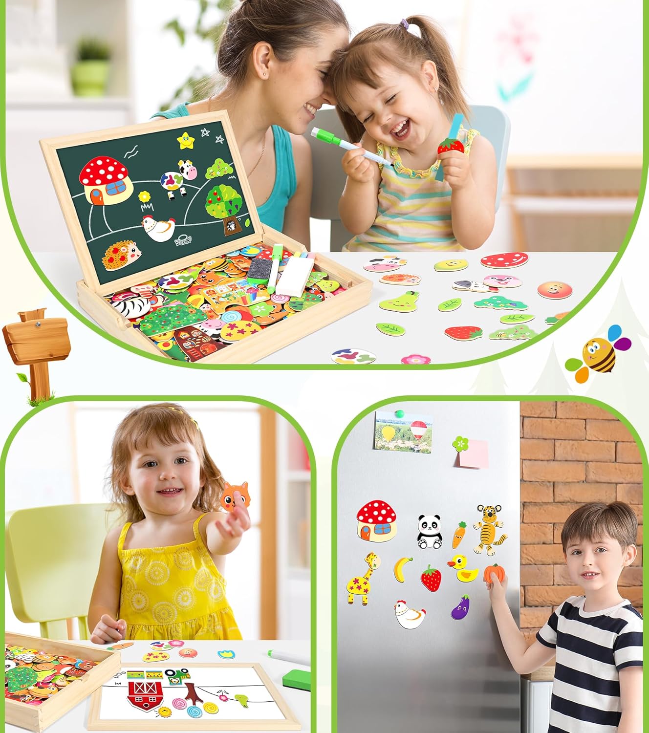 Jojoin 130 Stücke Magnetisches Holzpuzzle - 2025 Neu Montessori Holzpuzzle mit Doppelseitig Magnetisch | Wald | Bauernhof | Obst | Bus - Kreativ Spielzeug für Kinder