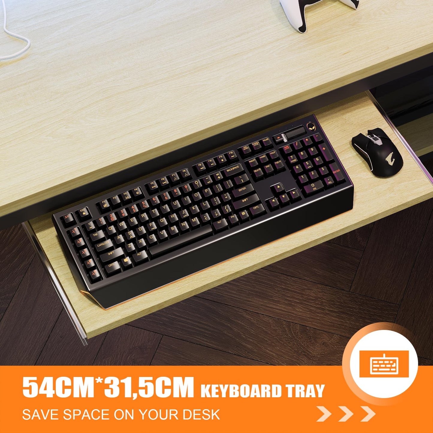 Flamaker Gaming Tisch l Form 140x140 cm - Eckschreibtisch mit RGB LED, Monitorständer & Ablagefach | 2 Steckdosen + 2 USB-Anschlüsse (Weiß)