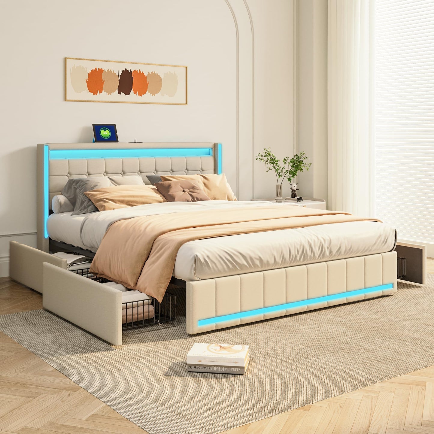 KeepGoon Doppelbett 140 x 200 cm,Polsterbett mit LED-Leuchten, 4 Eisenschubladen und einem USB Ladeanschluss,Stauraumbetten Bettgestell,Leinenstoff (Beige)