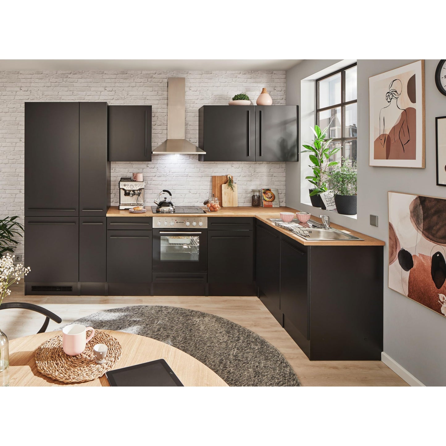 Jazz 8 Modern Corner Kitchen without Electrical Appliances in White High Gloss, Metallic Grey - Spacious Kitchen Unit in L-Shaped with Lots of Storage Space - 220 x 211 x 60 cm (W x H x D)
