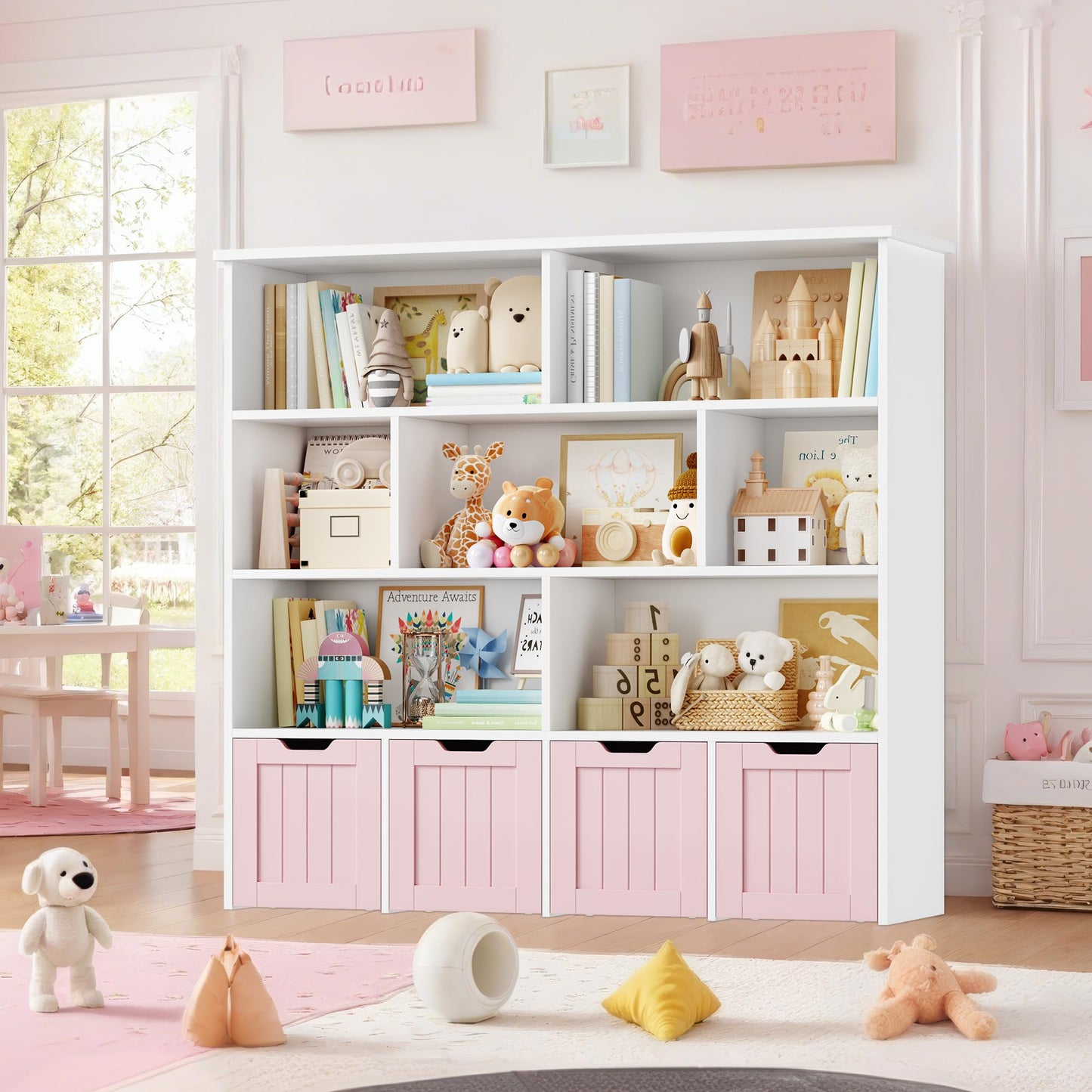 FOREHILL Children's Shelf with Boxes on Wheels, Children's Bookcase with 4 Levels, Children's Room Furniture, Toy Regulator, Storage Shelf, Bookcase for Children, Children's Cabinet, Shelf, White,