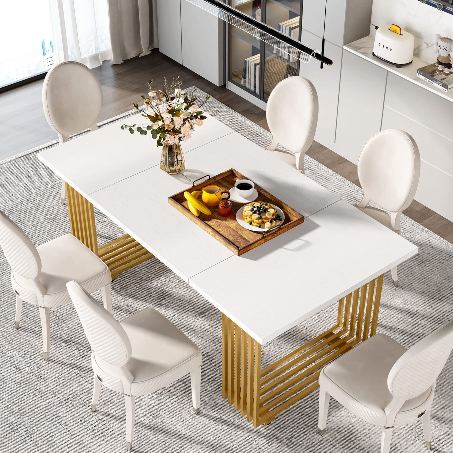 Tribesigns Moderner Esstisch für 6-8 Personen, 70,8 Zoll lang, weißer Esszimmertisch für Küche, Holz Küchentisch mit goldenen Metallbeinen, rechteckiger Esstisch für Esszimmer, Familientreffen