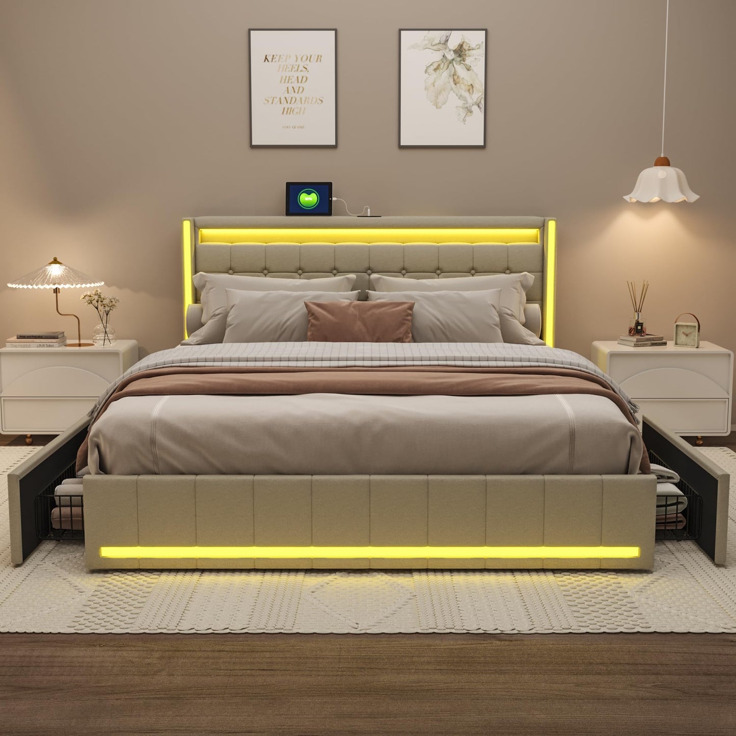 KeepGoon Doppelbett 140 x 200 cm,Polsterbett mit LED-Leuchten, 4 Eisenschubladen und einem USB Ladeanschluss,Stauraumbetten Bettgestell,Leinenstoff (Beige)