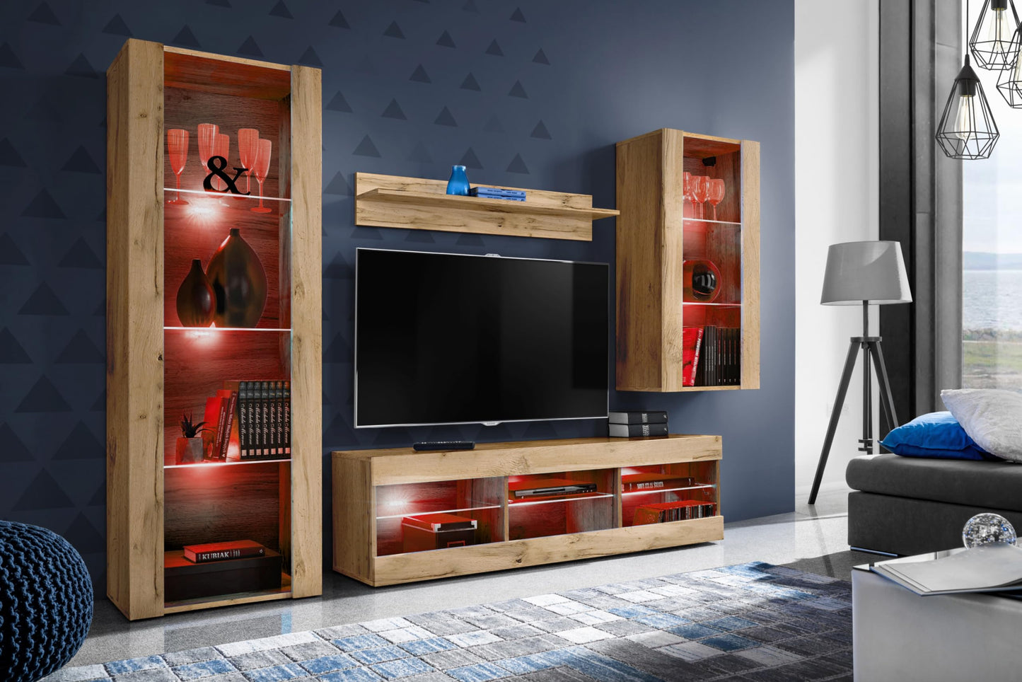 Komodee Tivoli Medio Wall Unit Living Room Set, Black/Black, Width 245 cm x Height 159 cm x Depth 35 cm, LED Blue, for Living Room, Bedroom