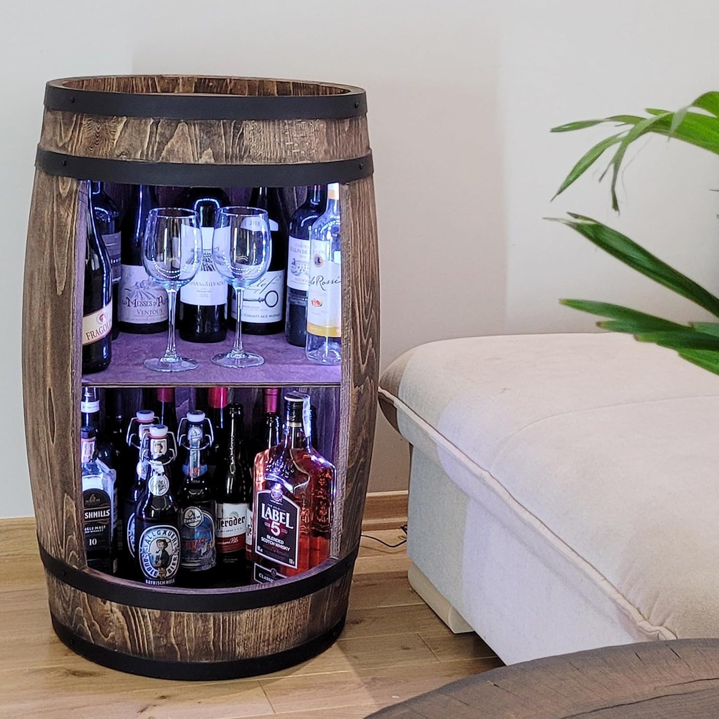 weeco Weinfass als Weinregal - Weinschrank Barschrank LED RGB Leuchten, Bar Tisch aus Holzfass, Wein Rack Flaschenständer deko Fassbier/hausbar Komodenschrank Holz Fass fur Wohnzimmer
