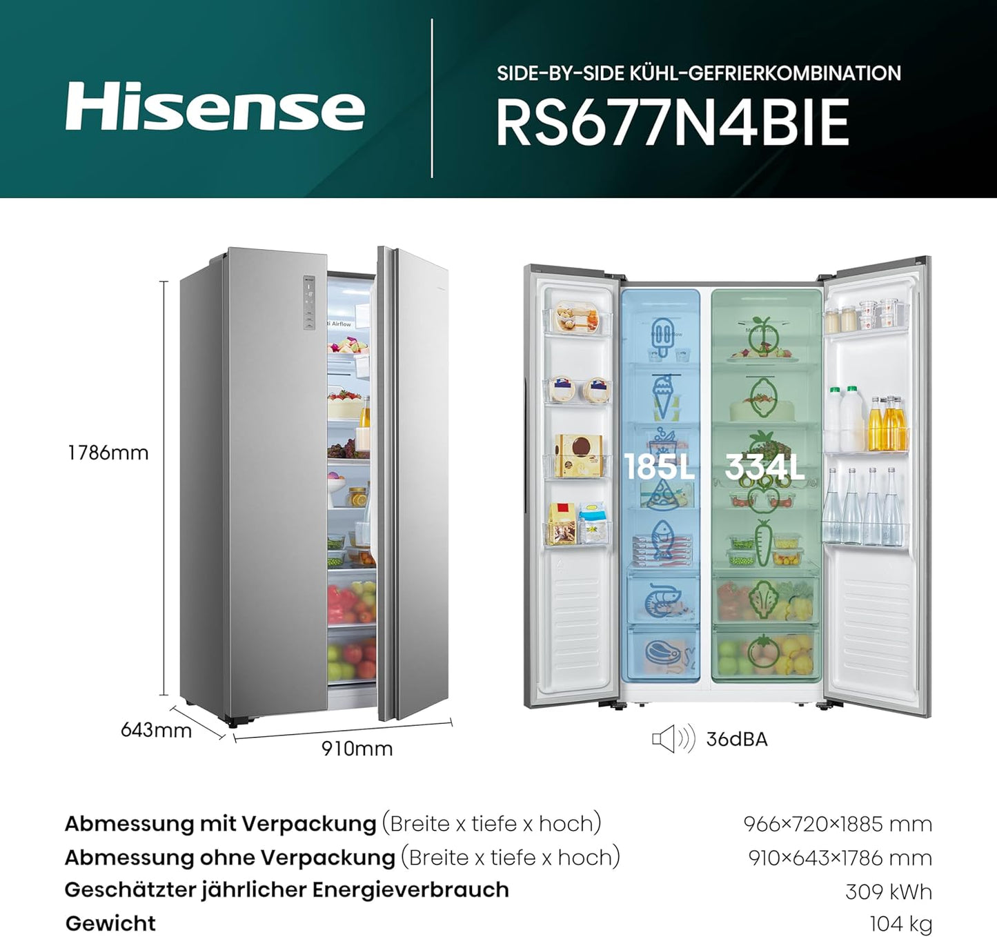 Hisense RS677N4BIE Side-by-Side Fridge Freezer / NoFrostPlus / Multiflow 360° / SuperCool / BigBox / 179.3 cm / Fridge Capacity 334 L / Freezer Capacity 185 L / 42 dB / 309 kWh Year / Stainless Steel Look