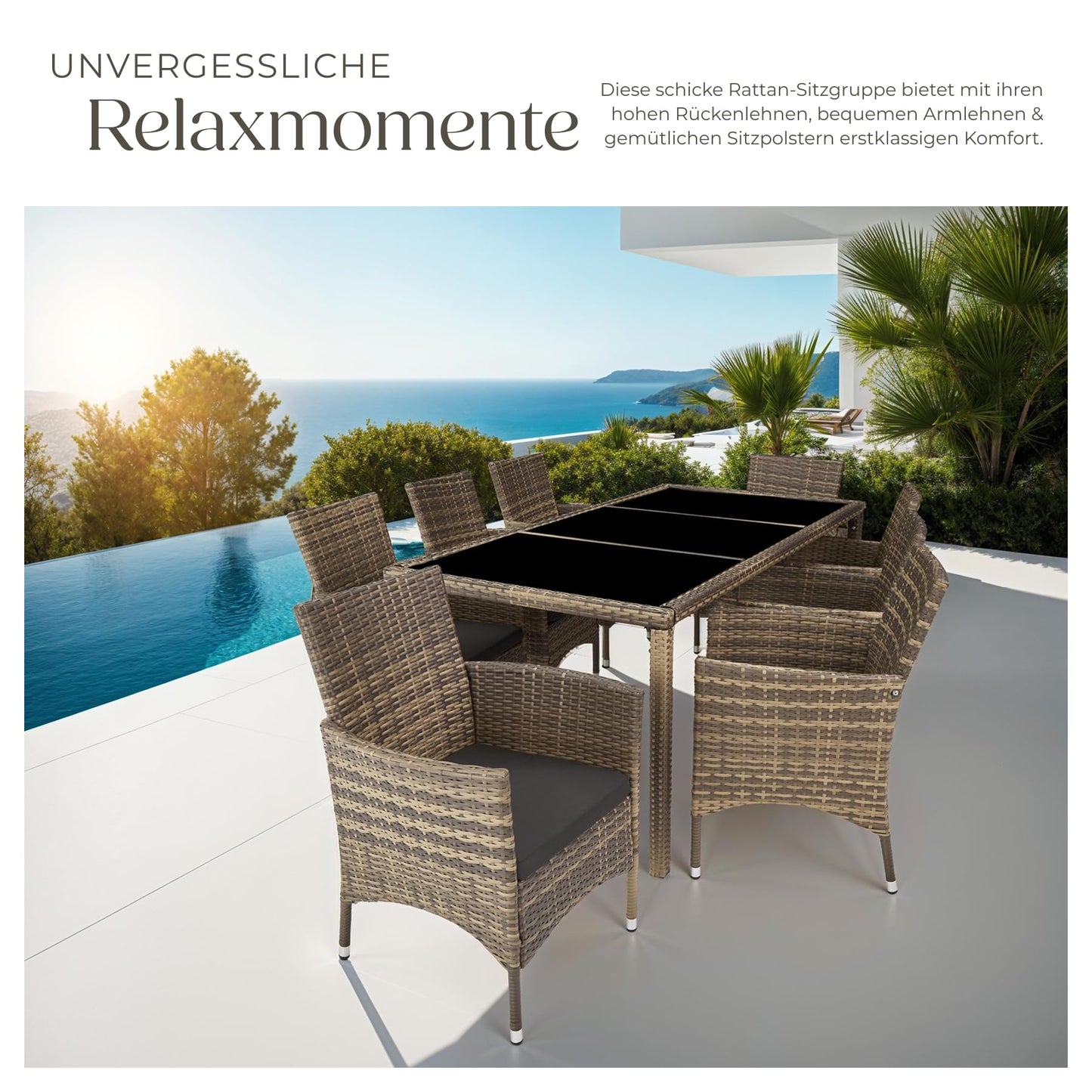 tectake® edles Outdoor Gartenmöbel Set Rattan Sitzgruppe mit Sessel und Tisch für 8 Personen, inkl. Schutzhülle und Polstern, Balkon Möbel wetterfest - Natur/dunkelgrau