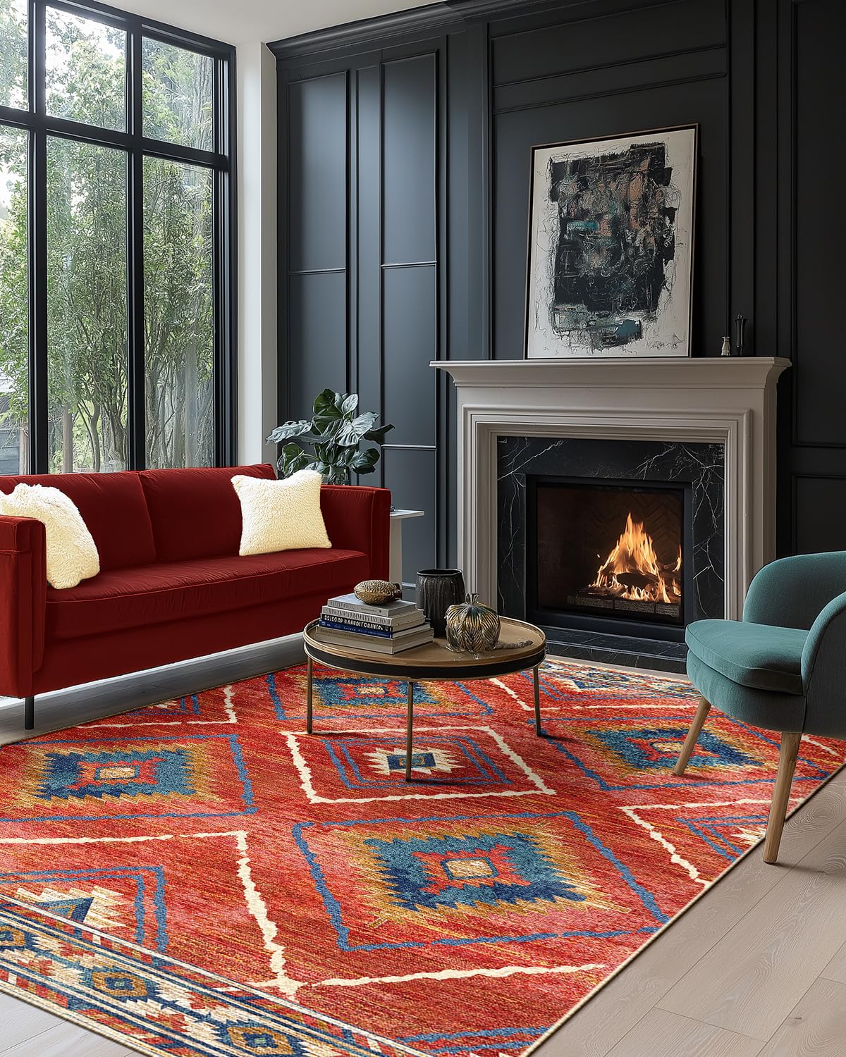 DEFYNEE Teppich Wohnzimmer 120 x 180 cm – Waschbarer Kurzflor Teppich, rutschfest, Vintage & Boho Stil, Pflegeleicht – Für Flur, Wohnzimmer, Schlafzimmer & Esszimmer, Dunkelblau