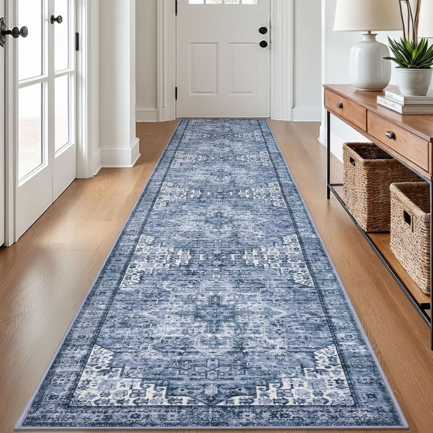 2x3 Blue Washable Rug for Entrance, Soft Traditional Area Rug, Non-Slip Printed Kitchen Rugs, Low-Pile Medallion Indoor Door Mat, Small Farmhouse Carpet for Entryway Kitchen Foyer Bedside