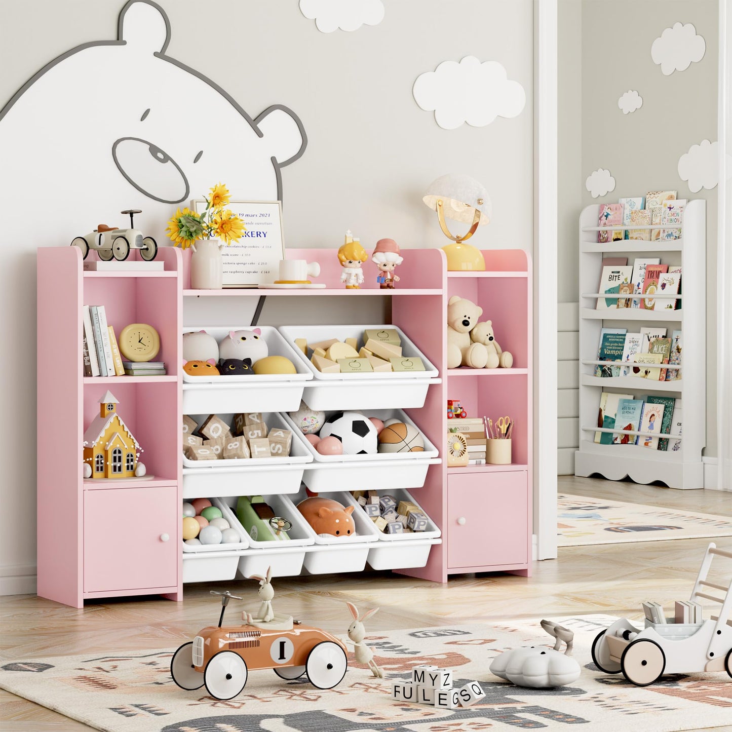 FOREHILL Kinderregal mit 8 Boxen Kinderschrank Holz Bücherregal für Kinder Aufbewahrungsbox Kinderzimmer Möbel mit Spielzeugkiste 138,8 x 94,3 x29,6 cm (rosa)