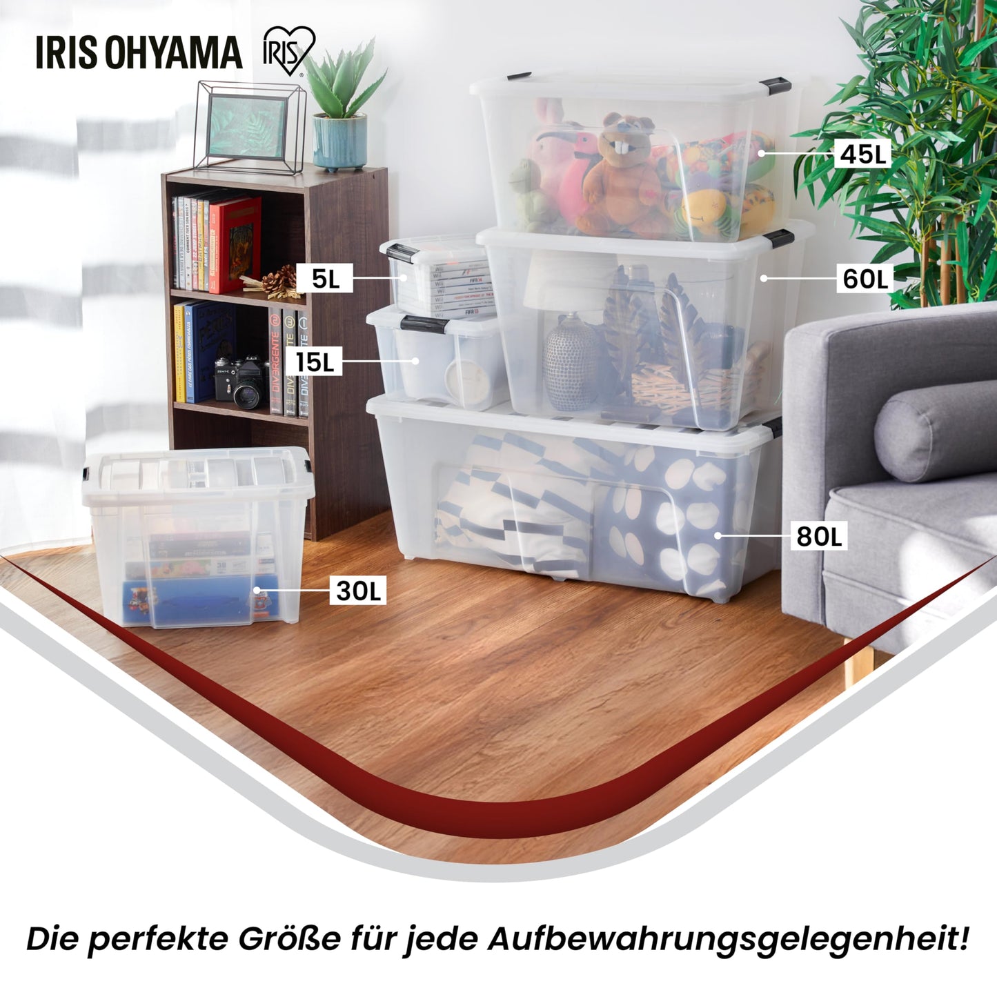 Iris Ohyama Storage Box with Lid, 80L, Set of 4, Transparent, Snap Latches with Handles, Stackable, Strong & Durable, for Clothes, Garage, Home, Office, Plastic Box, Storage TB-84D