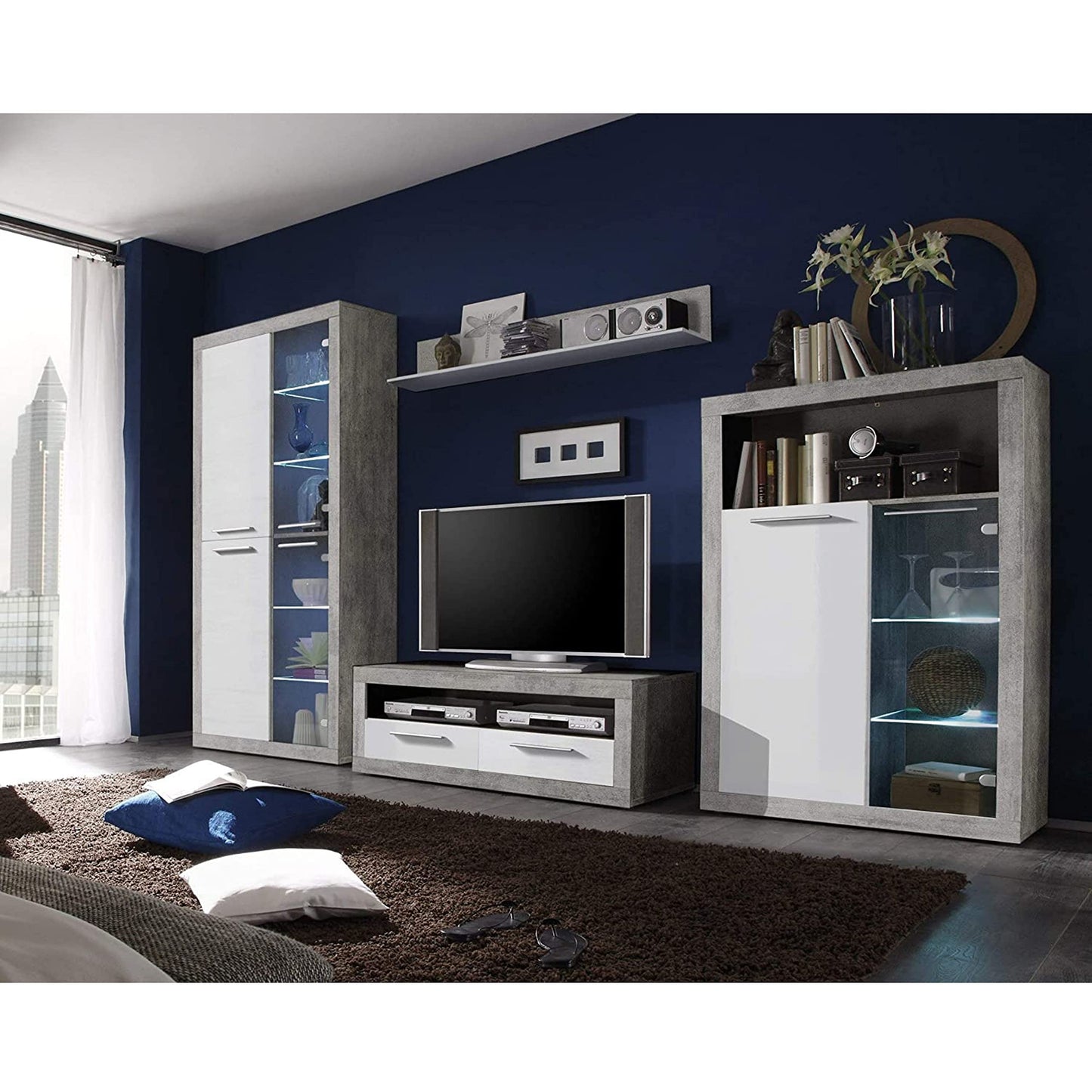 STONE Wohnwand Komplett-Set in Beton Optik, Weiß - Moderne Schrankwand für Ihr Wohnzimmer - 304 x 194 x 48 cm (B/H/T)