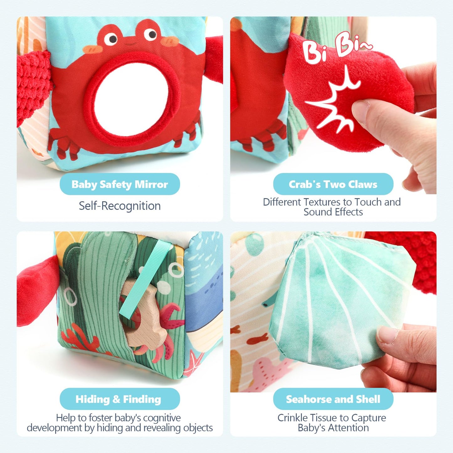 WOODEN TEETHER Tissue Box Montessori Motorikspielzeug, 6-12 Monate Sensorik Baby Spielzeug mit Spiegel, Farben, Texturen, Kinder Frühes Lernspielzeug für Jungen Mädchen Geschenke
