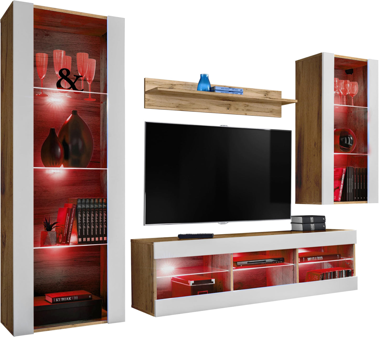 Komodee Tivoli Medio Wall Unit Living Room Set, Black/Black, Width 245 cm x Height 159 cm x Depth 35 cm, LED Blue, for Living Room, Bedroom