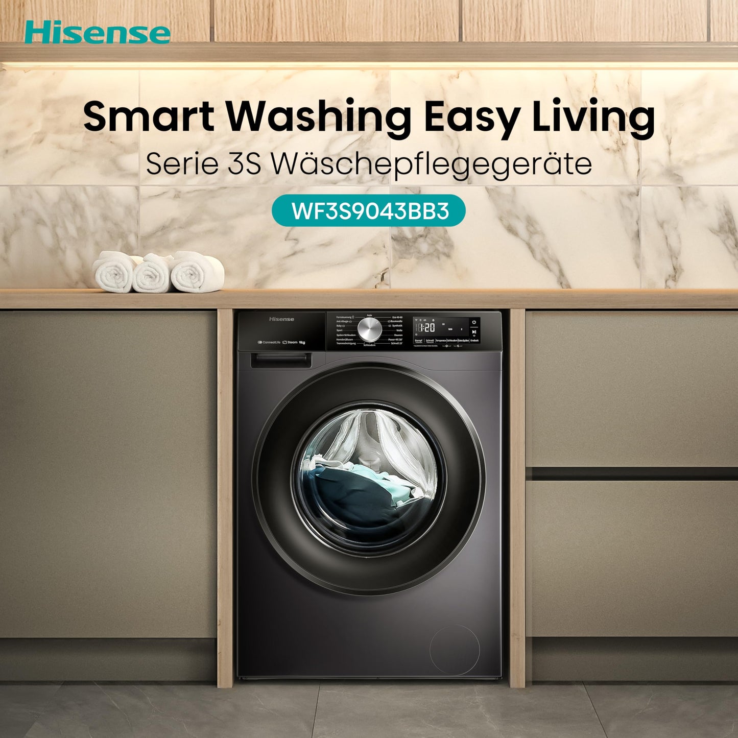 Hisense WF3S8043BB3 Waschmachine mit Dampffunkunktion, 8 kg, 1400 U,min, WIFI, ConnectLife, Power JetWash, Anti-Allergie Programm, Aqua Stop, Auto Wash, Quick Wash, EEK A-30 Prozent