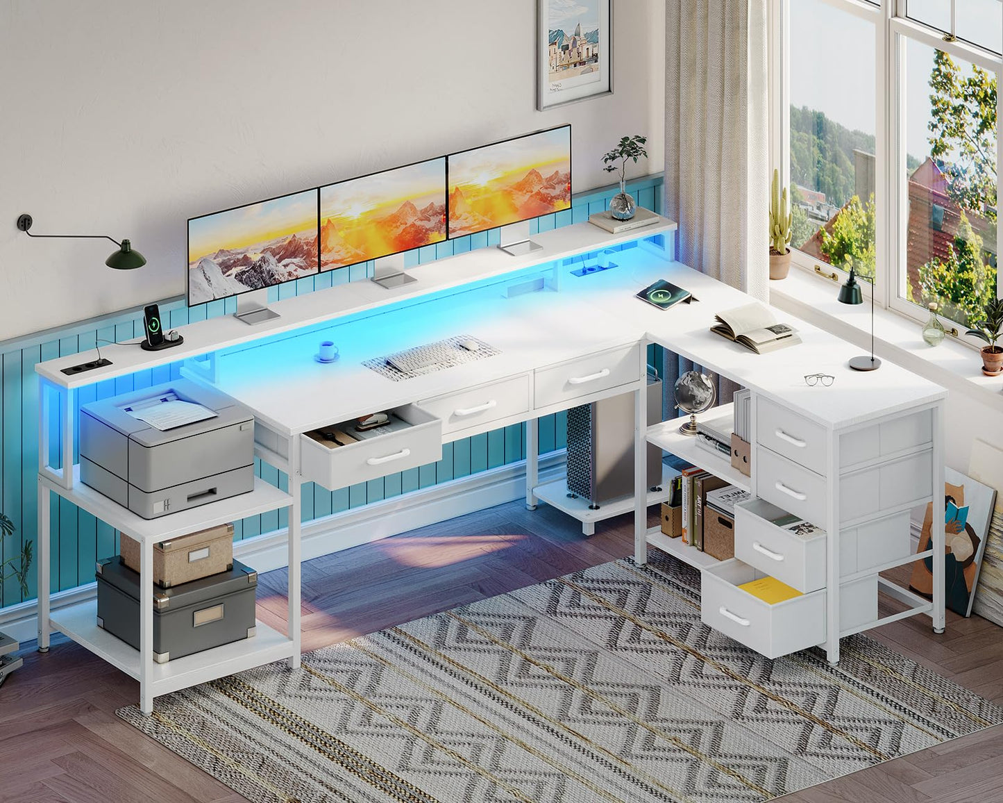 Coleshome Gaming Tisch mit 7 Schubladen & Großzügigem Stauraum, Eckschreibtisch mit RGB LED, Reversibler Schreibtisch L Form mit 2 Steckdosen, Ideal für Büro & Gaming, 179.5×135.5cm, Weiß