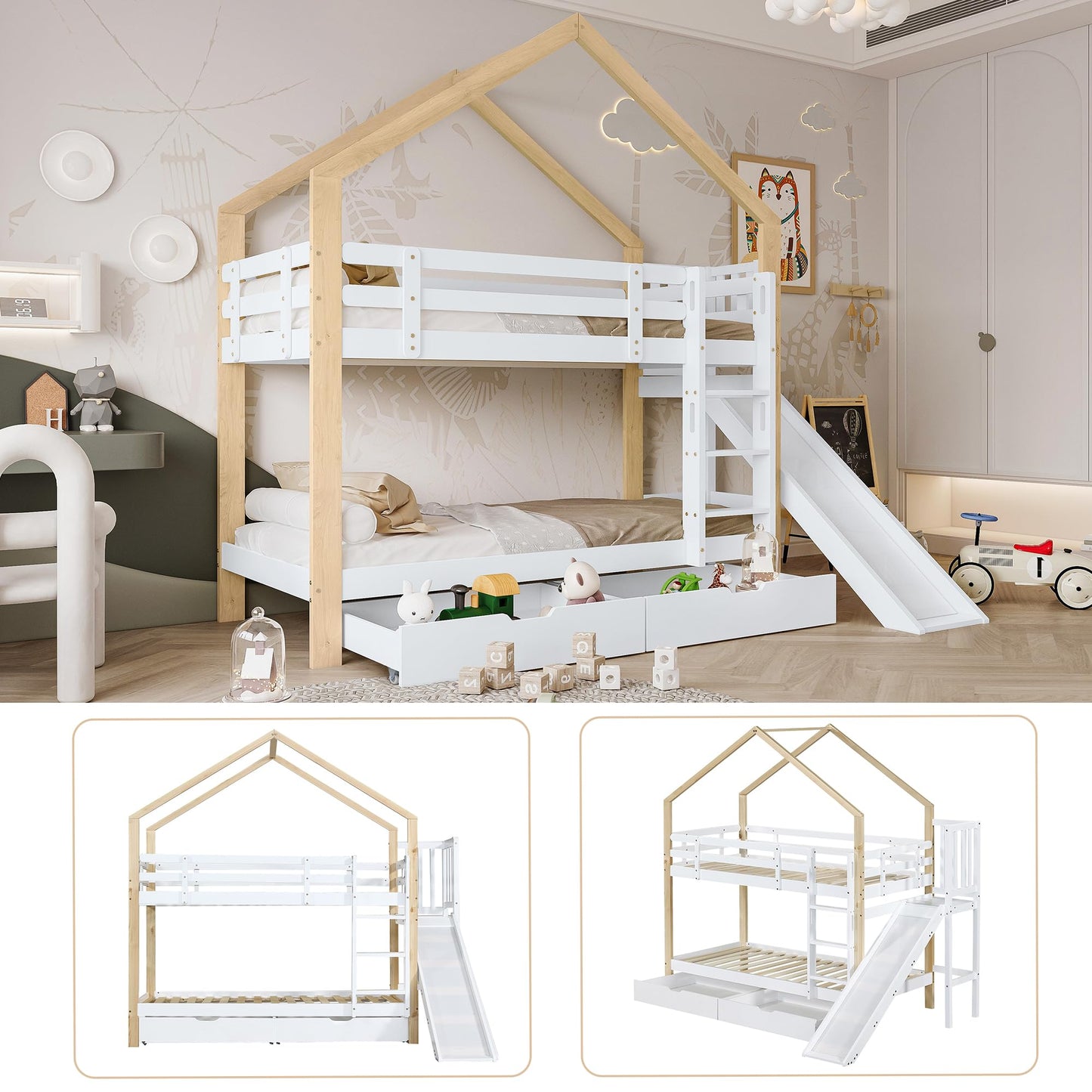 xixiworkshop Kinderbett 90x200cm Ausziehbett Bett mit Stauraum und USB-Steckdose/Mehreren Ablagefächern multifunktionales Jugendbett/Gästebett/Doppelbett mit Stauschrank Lattenrost,Ohne Matratze,Grau