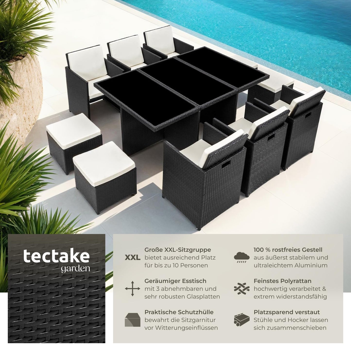tectake Polyrattan Gartenmöbel Set, Sitzgruppe mit 6 Stühle +1 Glasplatte Tisch + 4 Hocker, Gartenlounge Set klappbar, für bis zu 10 Personen, Balkon Möbel, inkl. 2 Bezugsset - Natur