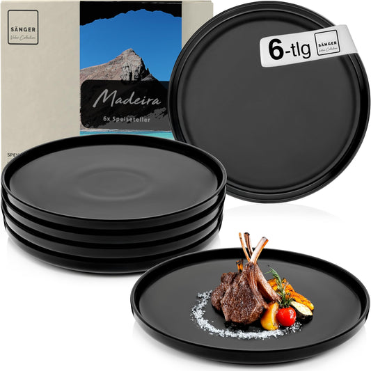 SÄNGER Madeira | Steingut Geschirr Set 18 tlg, Teller Set 6 Personen, Geschirrset 6x Speiseteller 6x Müslischalen 6x Dessertteller, Tafelservice schwarz kratzfest, Essgeschirr matt | VALUE COLLECTION