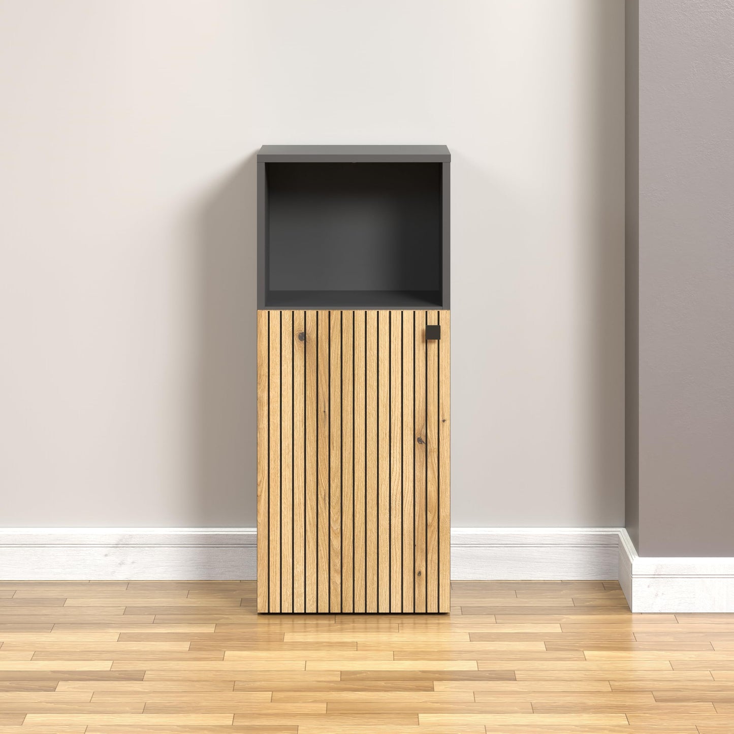 trendteam smart living - PureBliss - Hochschrank - Eiche - Badezimmerschrank in moderner Rillenoptik - edle Metallgriffe - (BxHxT) 40 x 186 x 31 cm - 2 praktische Einlegeböden - kratzfest