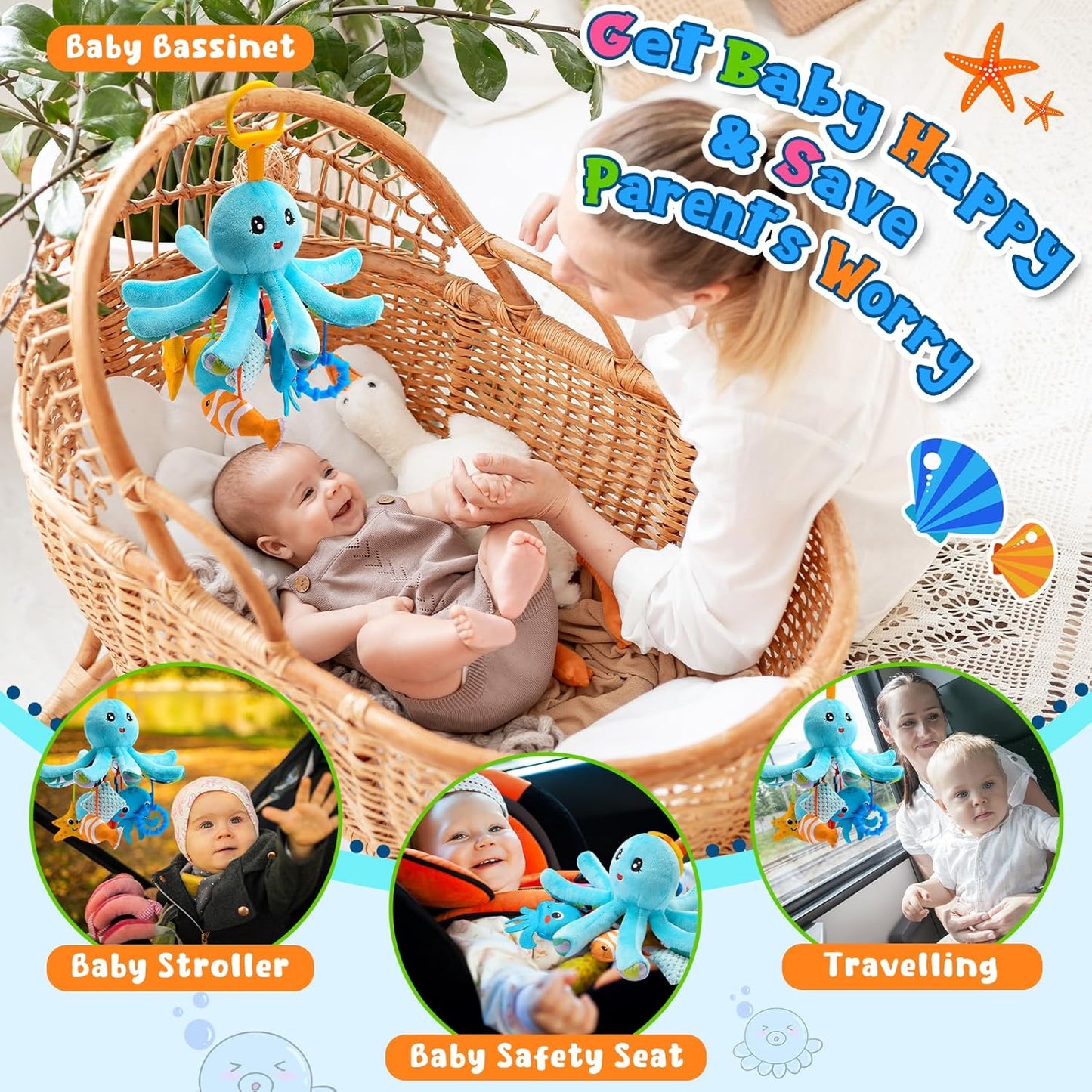 HappyKidsClub Plush Octopus Baby Toy 0-18 Months - with 8 Hanging Sensory Toys & Mirror - Baby Montessori Motor Skills Toy for Pram, Cot (Washable, Organic Cotton)