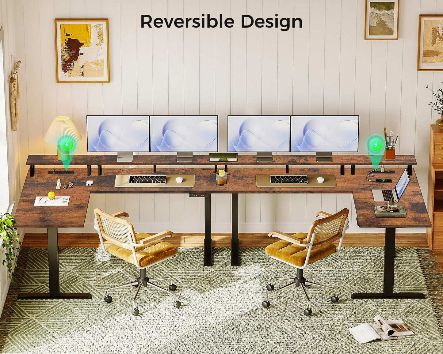 OffiGo Height Adjustable Desk, 150 x 120 cm, Corner Desk, Height Adjustable with Monitor Holder, Electric Desk, L Shape with Sockets, Computer Desk with LED Light Strip for Office, White