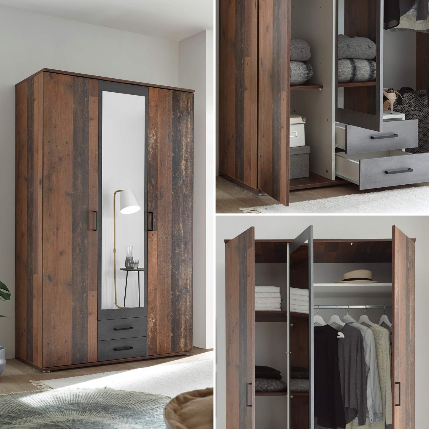 Stella Trading CHICAGO Eleganter Kleiderschrank mit viel Stauraum - Vielseitiger Drehtürenschrank in Artisan Eiche Optik und Absetzungen in Anthrazit - 156 x 197 x 54 cm (B/H/T)