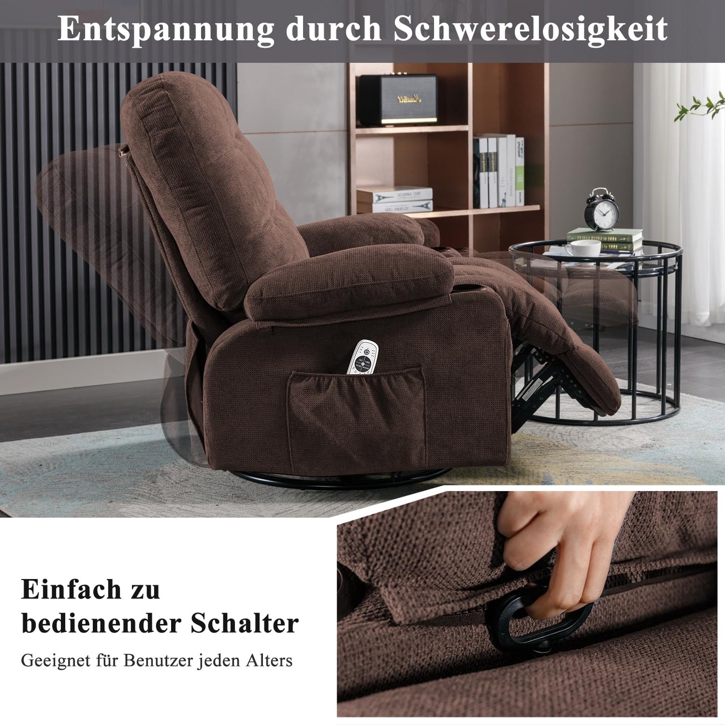 Bosmiller Relaxsessel mit Liegefunktion Massagesessel Oversize Fernsehsessel 360°Drehbarer Liegesessel Heizung Verstellbar Sessel Stoff