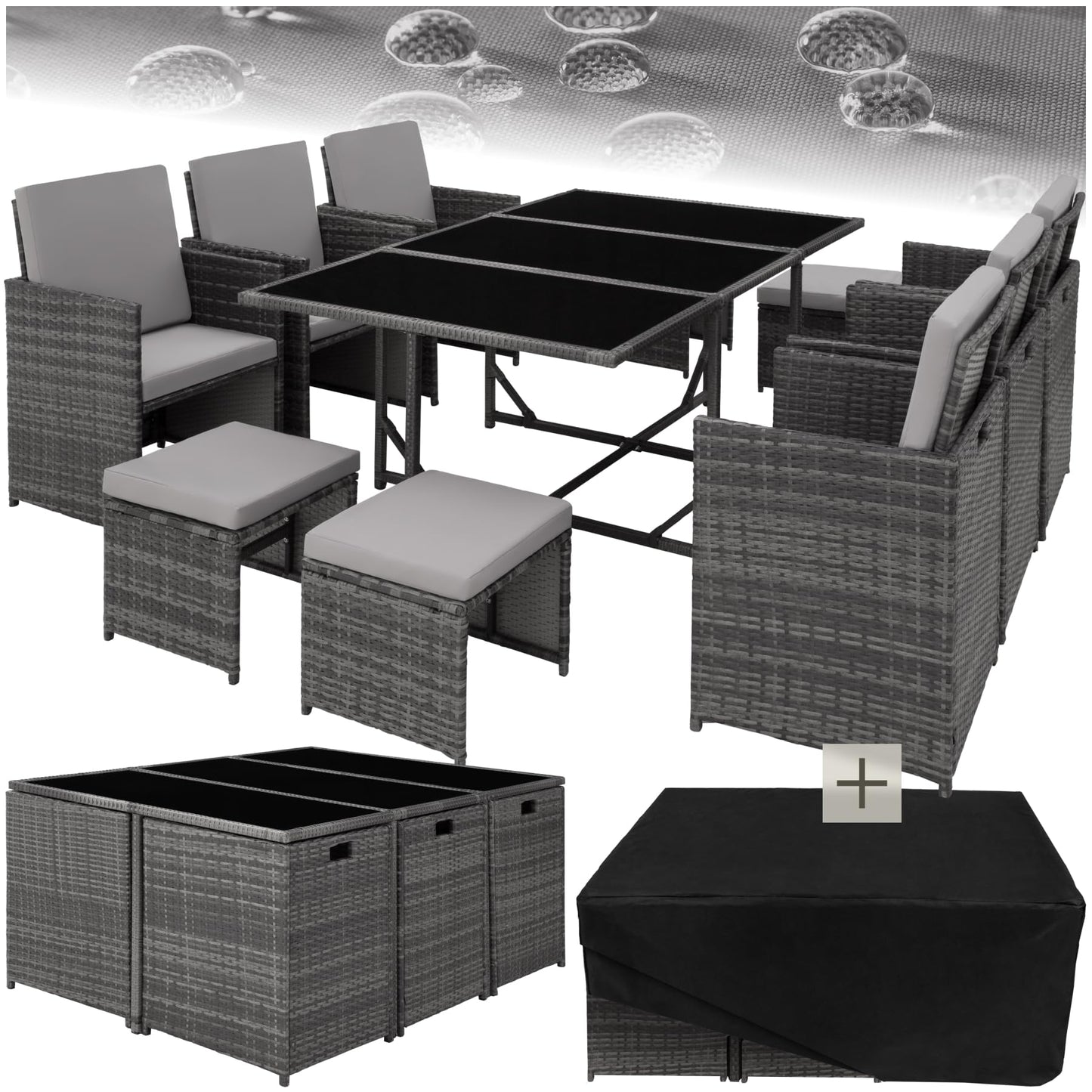 tectake® Outdoor Balcony Garden Furniture Set, Lounge with 6 Chairs, 4 Stools and 1 Table, Poly Rattan Wicker, Weatherproof, Space-Saving - Grey