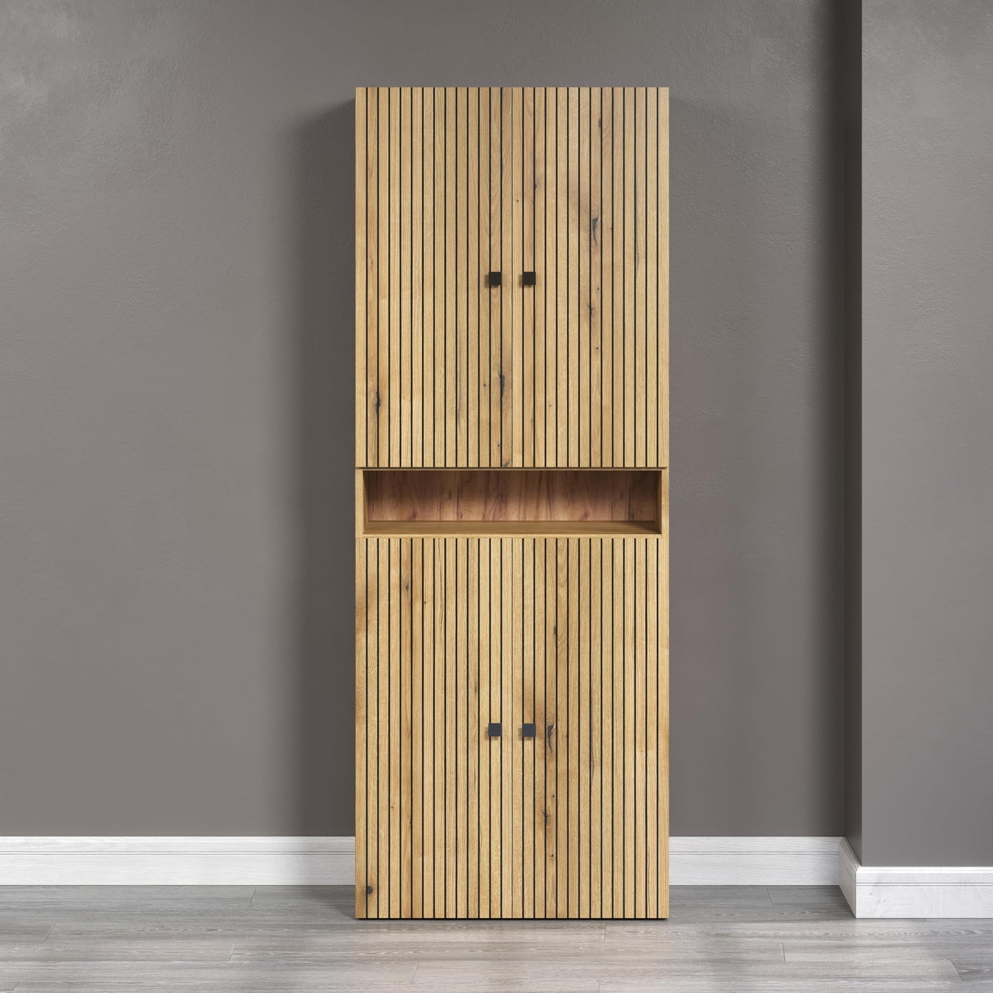 trendteam smart living - PureBliss - Hochschrank - Eiche - Badezimmerschrank in moderner Rillenoptik - edle Metallgriffe - (BxHxT) 40 x 186 x 31 cm - 2 praktische Einlegeböden - kratzfest