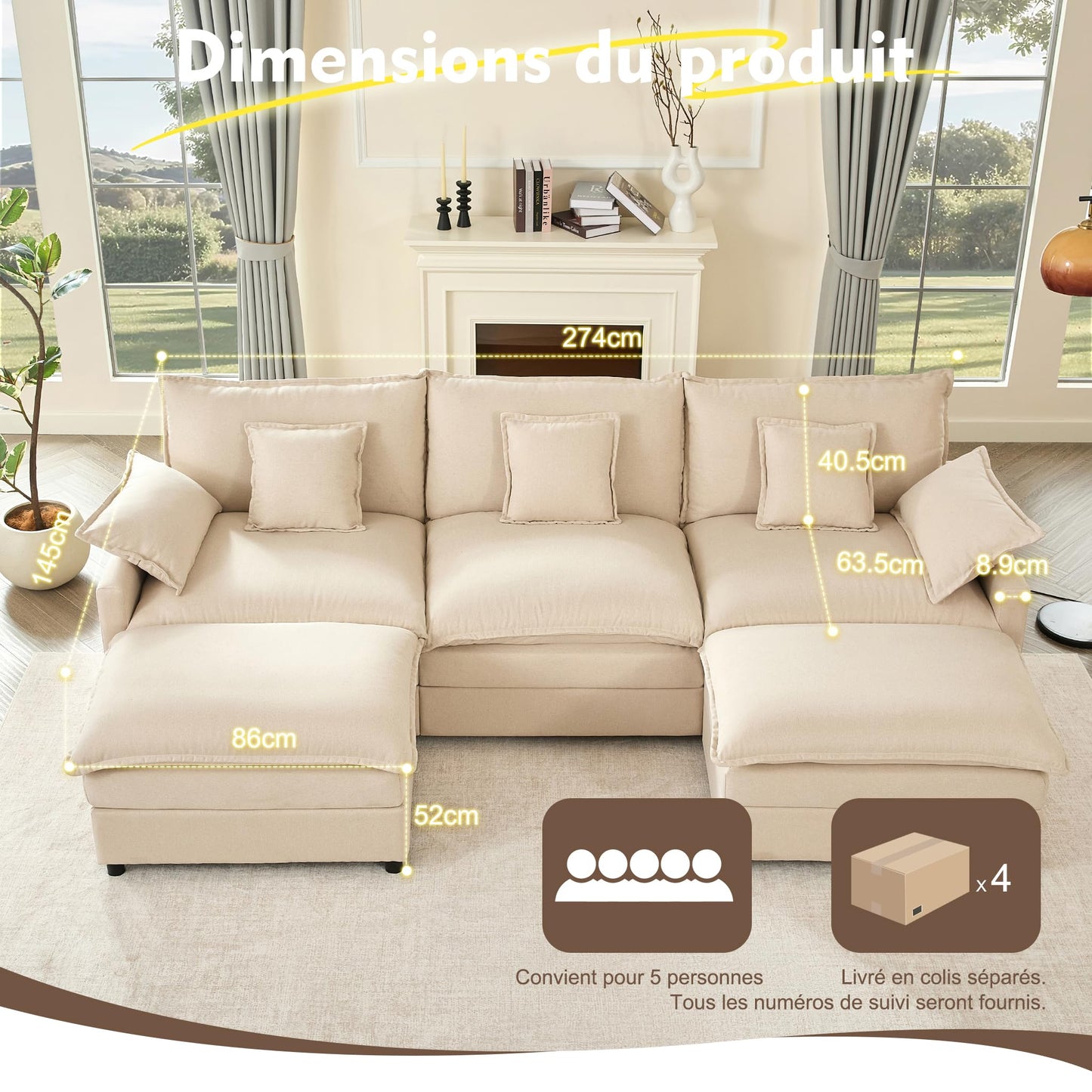 Litbird U-förmiges modulares Sofa 3-Sitzer Ecksofa mit Hocker, tiefes Sitzdesign, Cloud Couch für Wohnzimmer(Hellbraun)