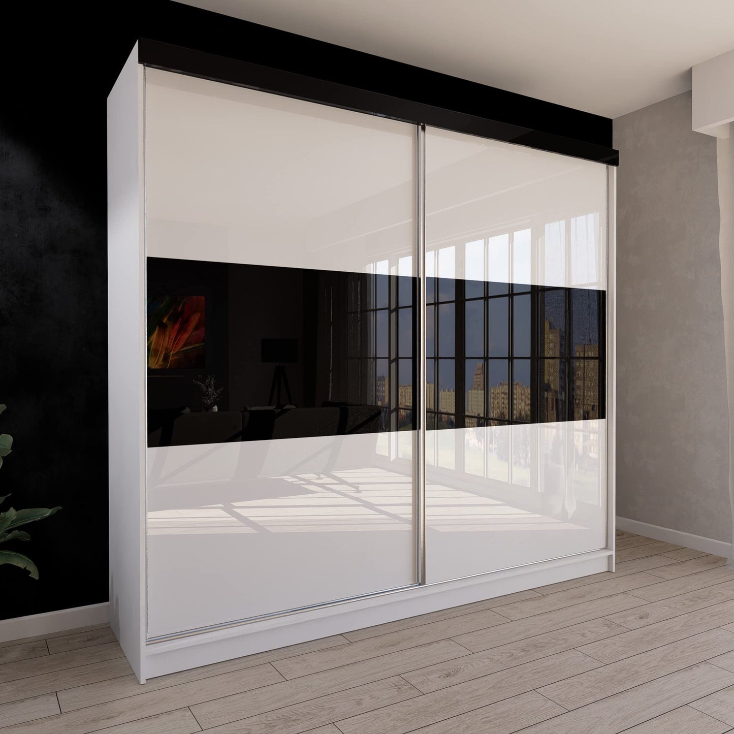 Marlux-Meble Two-Door Wardrobe 230 cm Wide with Floating and Sliding Doors Corner Wardrobe Bedroom Cabinet Hallway Cabinet System Cabinet High Gloss Cabinet