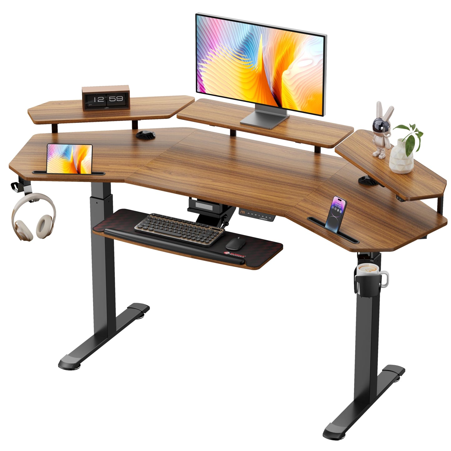 EUREKA ERGONOMIC Height Adjustable Desk 182 x 76 cm Standing Desk in Wing Shape Gaming Table Height Adjustable Electric Large Gaming Desk with LED Monitor Stand and Keyboard Shelf