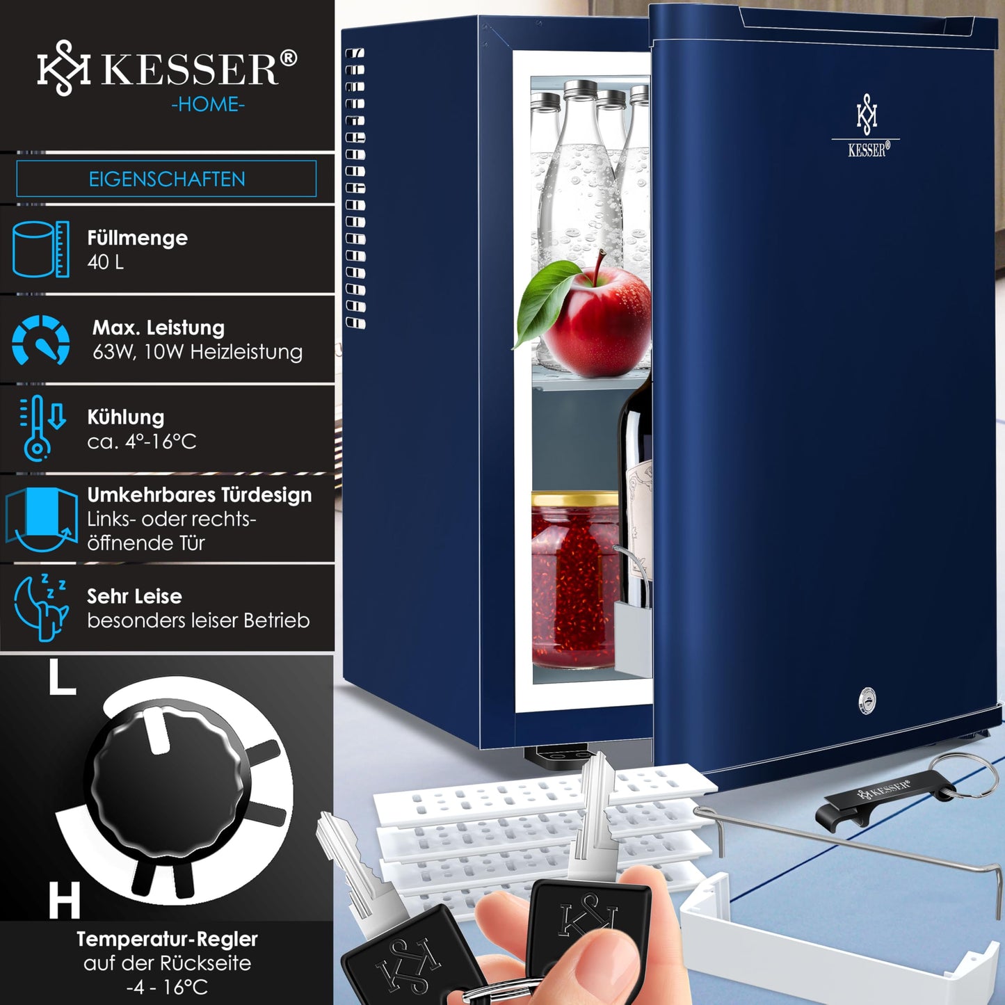 KESSER® Mini Fridge 40 L Lockable Mini Bar Ideal for Camping, Office, Bedroom, Hotel, Kitchen, Small Fridge Completely Silent, Interchangeable Door Hinge, Interior Lighting with Glass Opener