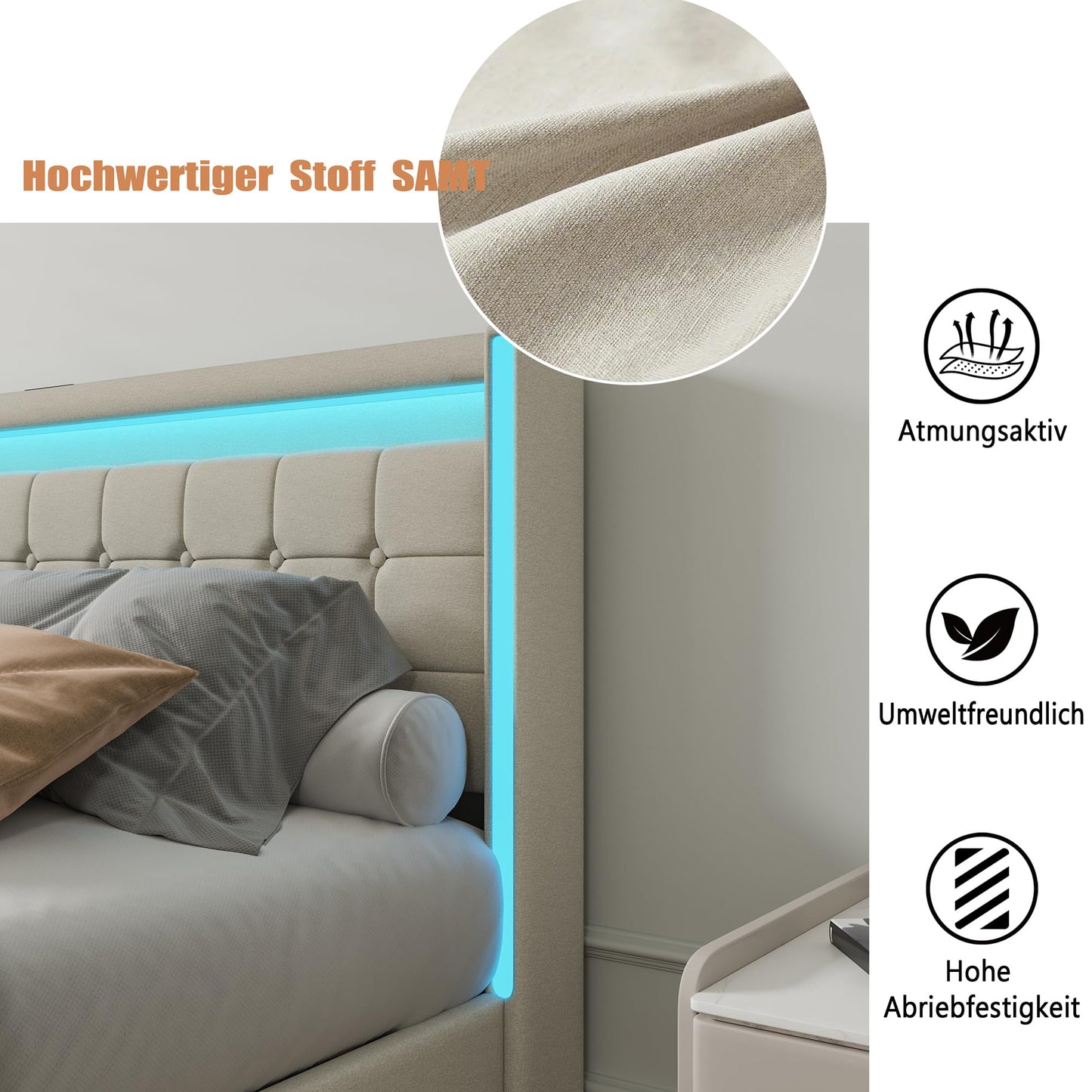 KeepGoon Doppelbett 140 x 200 cm,Polsterbett mit LED-Leuchten, 4 Eisenschubladen und einem USB Ladeanschluss,Stauraumbetten Bettgestell,Leinenstoff (Beige)