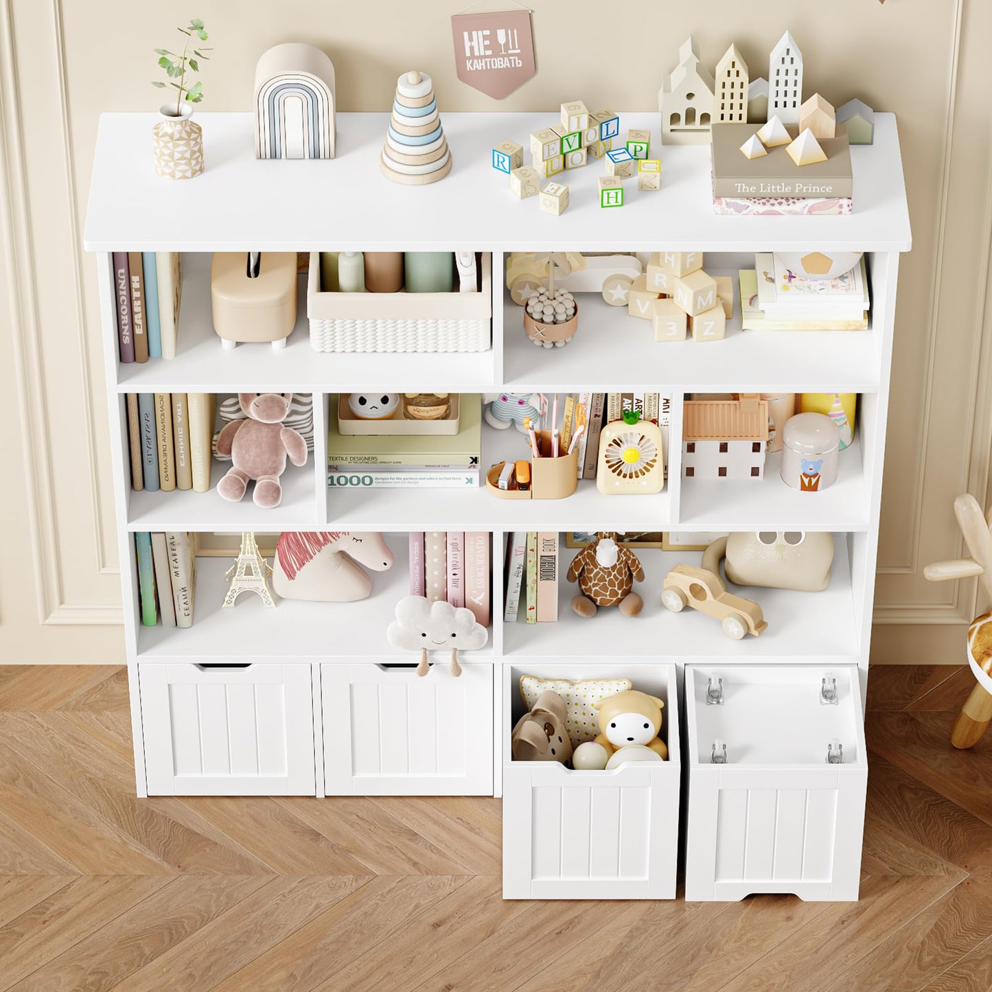 FOREHILL Children's Shelf with Boxes on Wheels, Children's Bookcase with 4 Levels, Children's Room Furniture, Toy Regulator, Storage Shelf, Bookcase for Children, Children's Cabinet, Shelf, White,