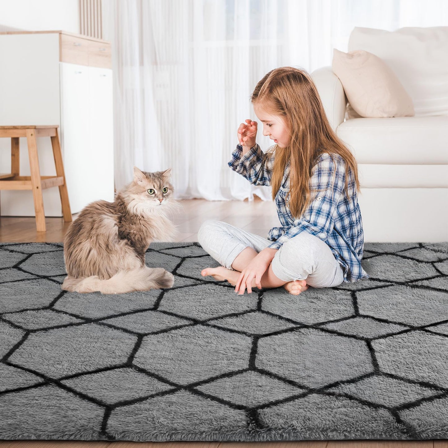 Sour Lemon Hochflor Teppich Grau Carpet Wohnzimmer 240x300 Waschbar Anti-Rutsch Extra Große Teppiche Schlafzimmer Flauschige Moderne Teppiche Matte Teppichen für Schlafzimmer Kinderzimmer