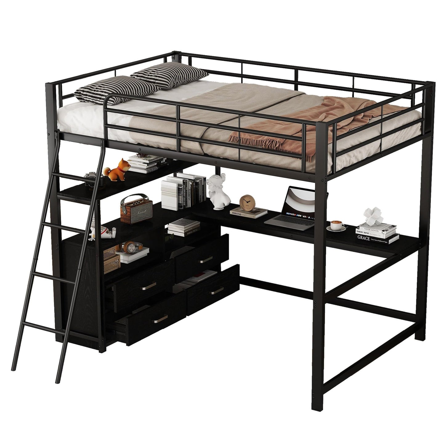 Merax Kinderbett Hochbett 90x200 cm Metallbett mit L-förmigem Schreibtisch, 2 Schubladen und Regal, Bettgestell mit Lattenrost (ohne Matratze) für Kinder/Erwachsene, Schwarz