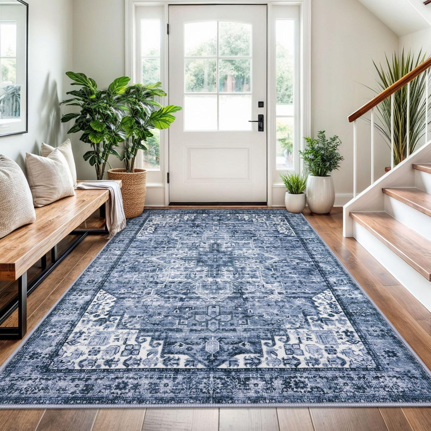 2x3 Blue Washable Rug for Entrance, Soft Traditional Area Rug, Non-Slip Printed Kitchen Rugs, Low-Pile Medallion Indoor Door Mat, Small Farmhouse Carpet for Entryway Kitchen Foyer Bedside