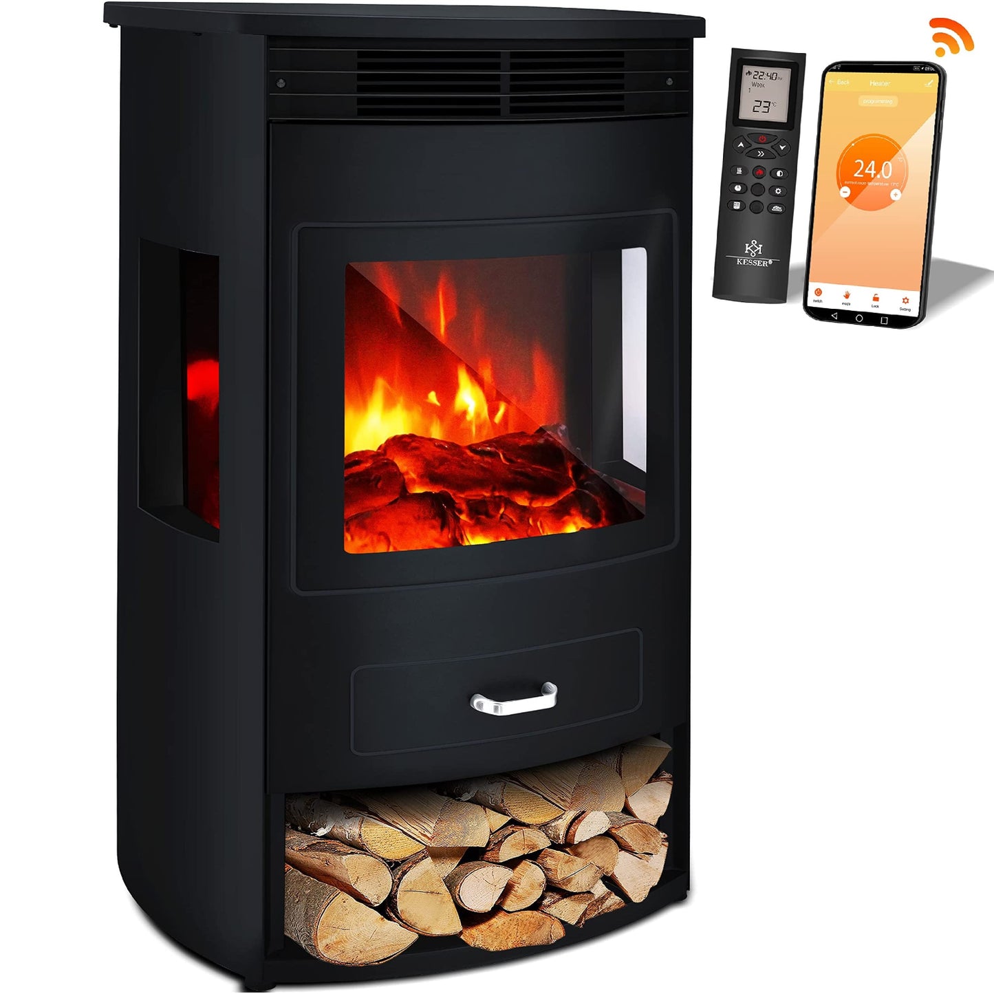 KESSER® Prio Electric Fireplace with Heater Fan Heater Remote Control 950/1900 W Fireplace Electric LED Flame Effect Fireplace Electric Fireplace with Thermostat 3-Piece Panoramic Viewing Window Heating Function Timer