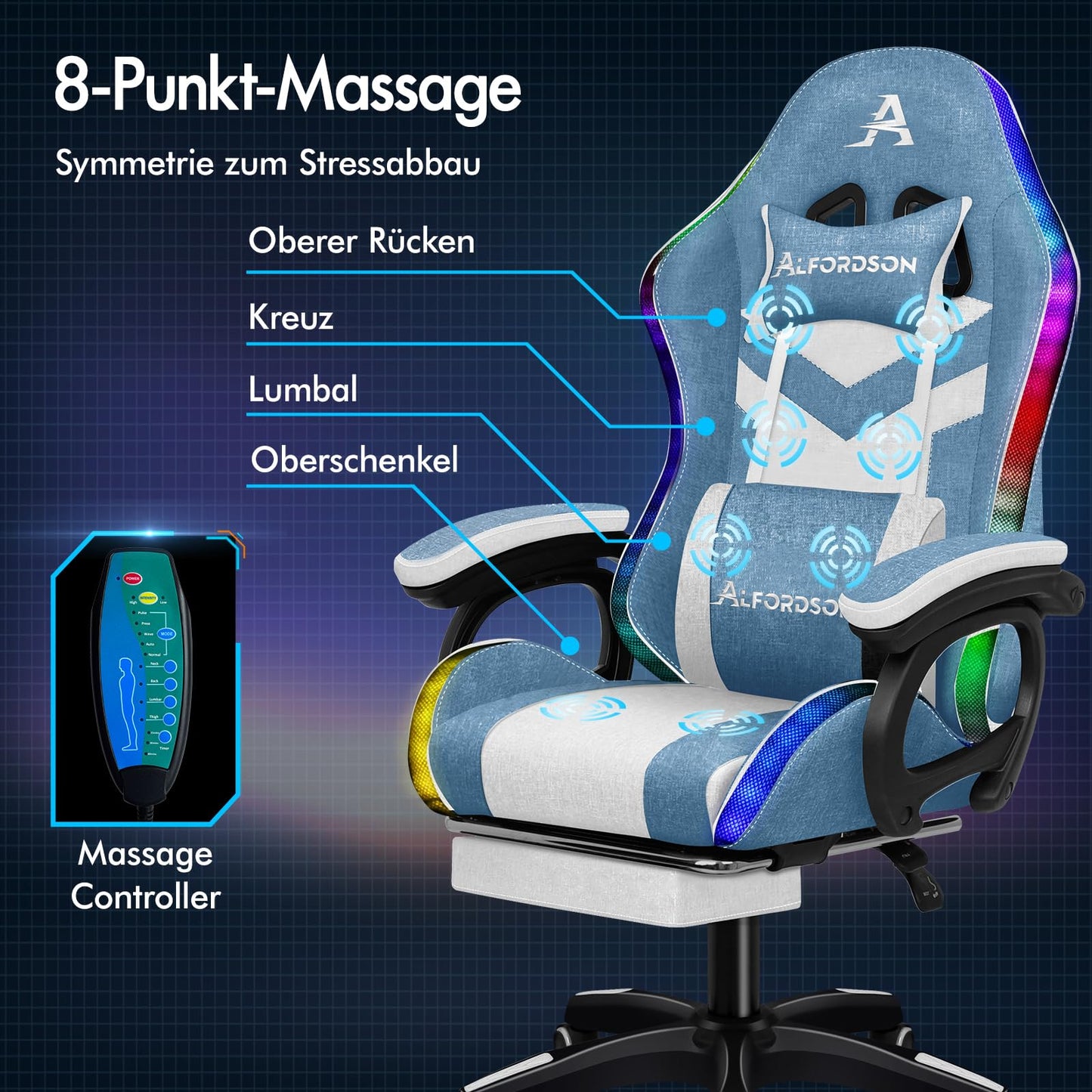 ALFORDSON Gaming Stuhl mit 8-Punkt Massage 12 Farben RGB LED-Licht, Bürostuhl Ergonomisch mit fußstützen, Kopfstütze Lendenkissen für Kinder Erwachsene, Schwarz