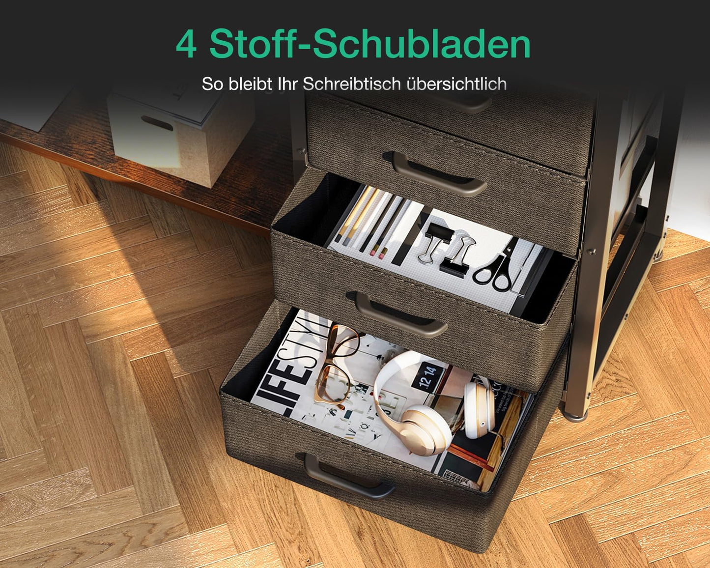 ODK Schreibtisch mit Schubladen, Reversible Eckschreibtisch mit 2 Steckdosen und 2 USB Ladeanschluss, Bürotisch L Form mit LED für Home Office 155×110cm (Alles Weiß)