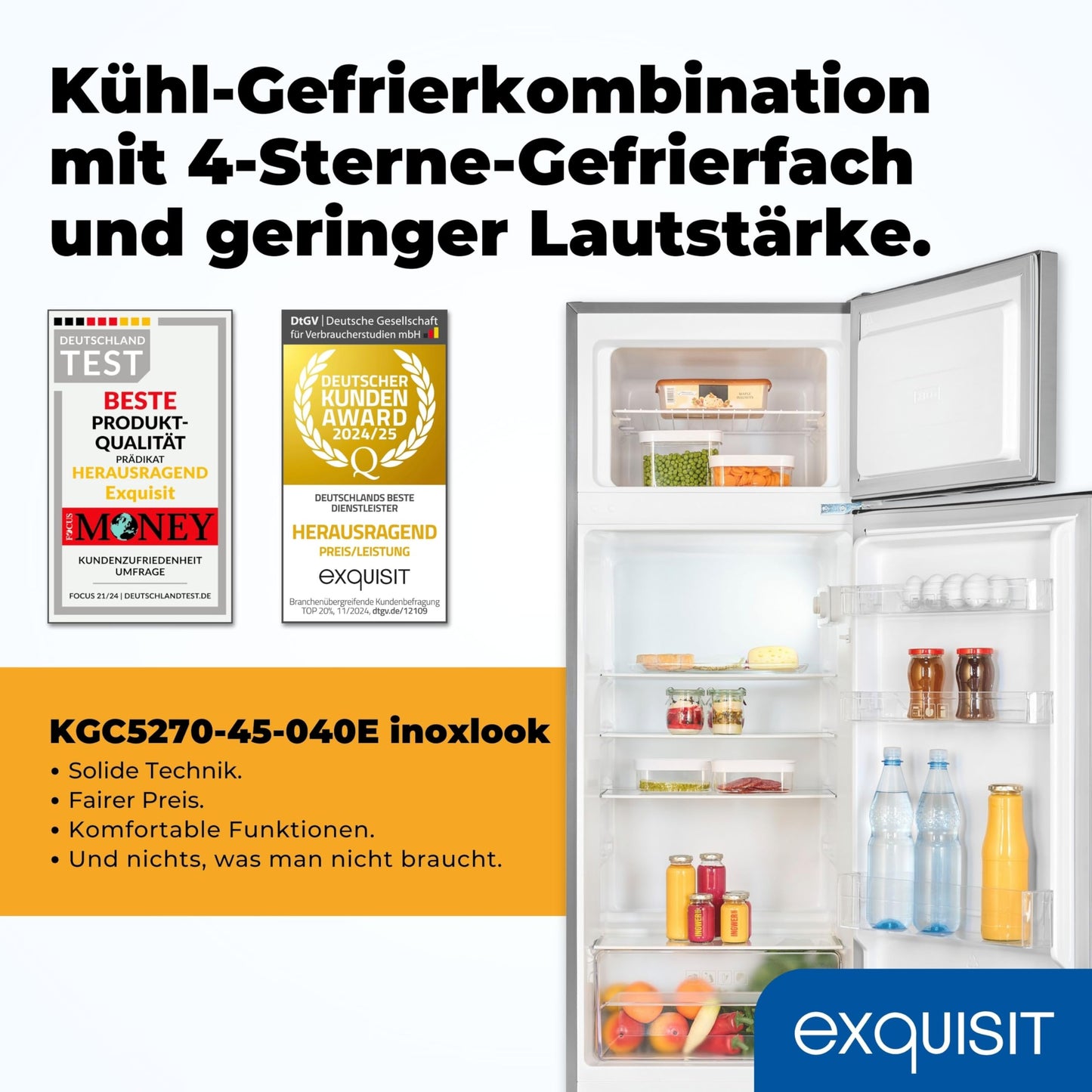 Exquisit KGC5270-45-040E Fridge-Freezer, 143 cm Height, Fridge Freezer, 4-Star Freezer, 206 Litres, Inoxlook